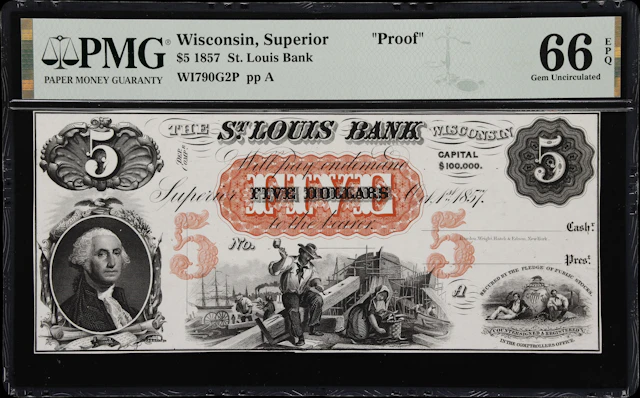 Superior, Wisconsin. St. Louis Bank. 1857 $5. PMG Gem Uncirculated