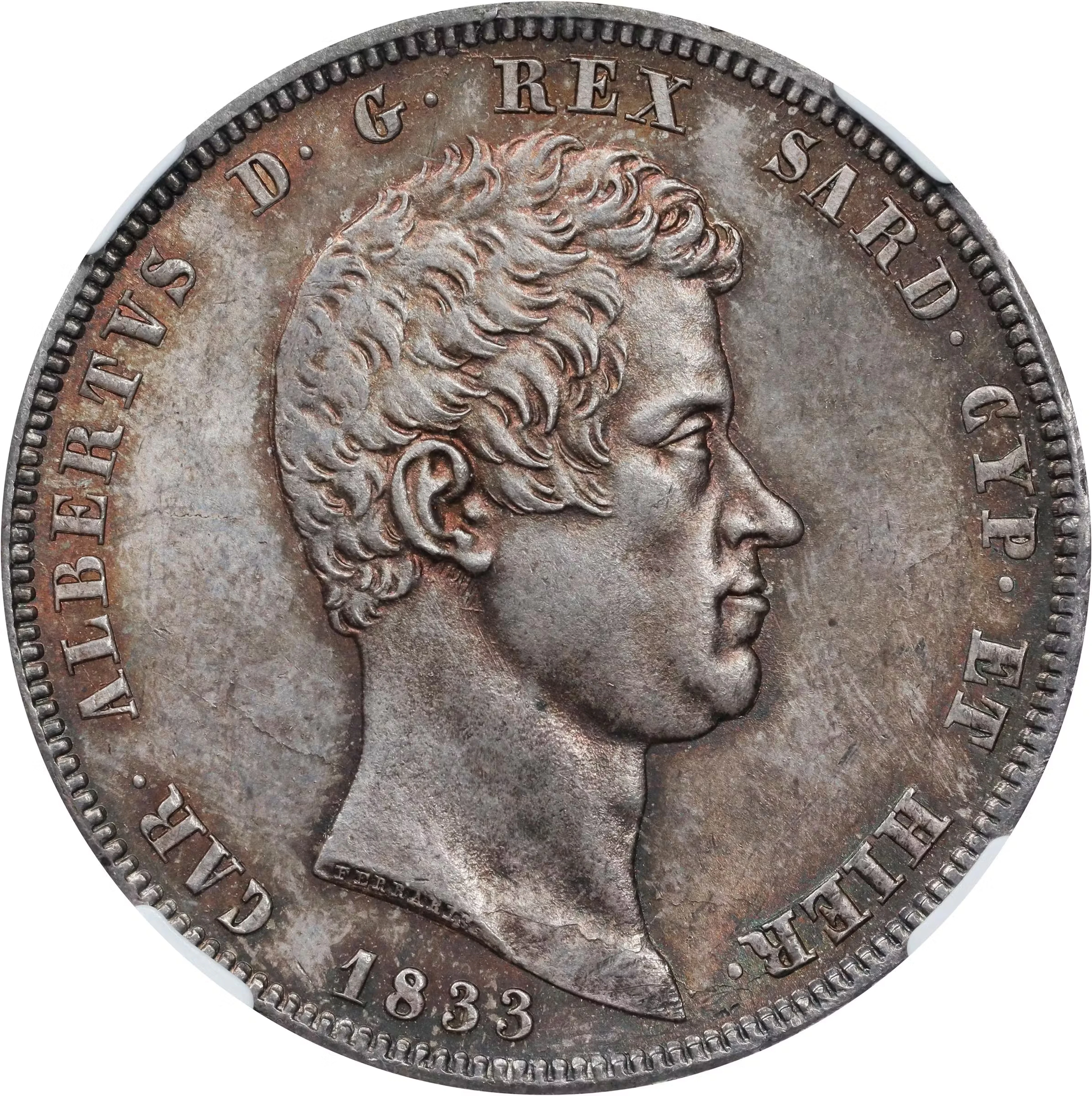 ITALY. Sardinia. 5 Lire, 1833-P. Genoa Mint; mm: Anchor. Carlo Alberto.