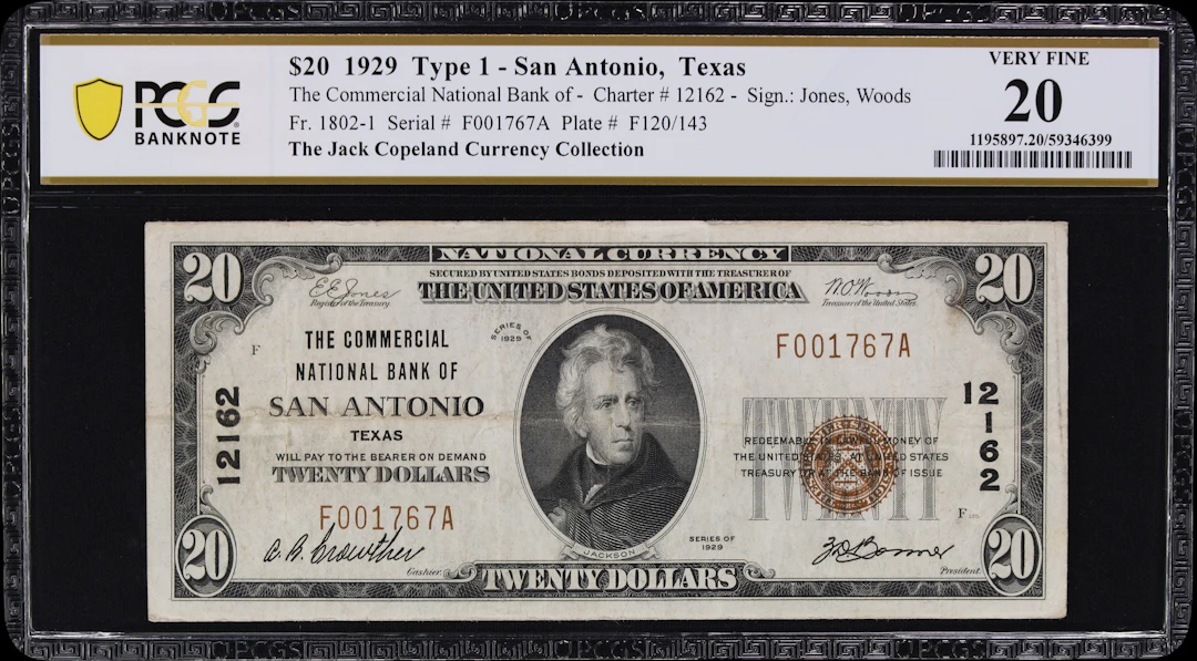 San Antonio, Texas. $20 1929 Ty. 1. Fr. 1802-1. Commercial NB. Charter
