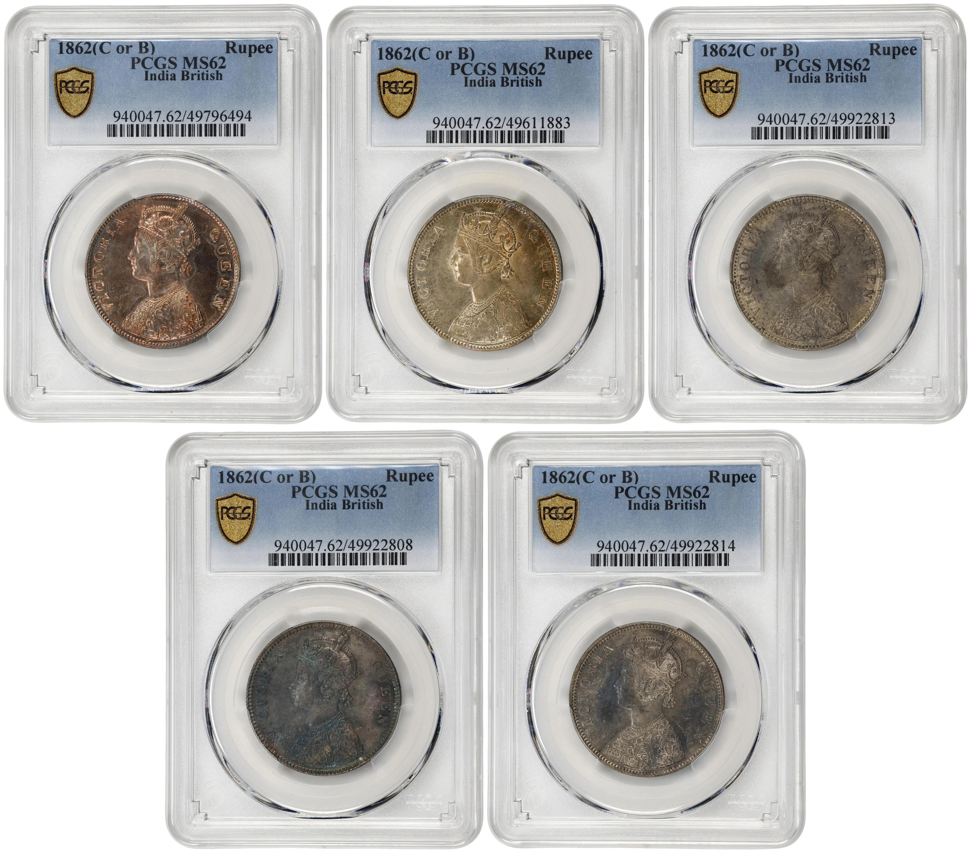 INDIA. Quintet of Rupees (5 Pieces), 1862-(B). Bombay Mint. Victoria.