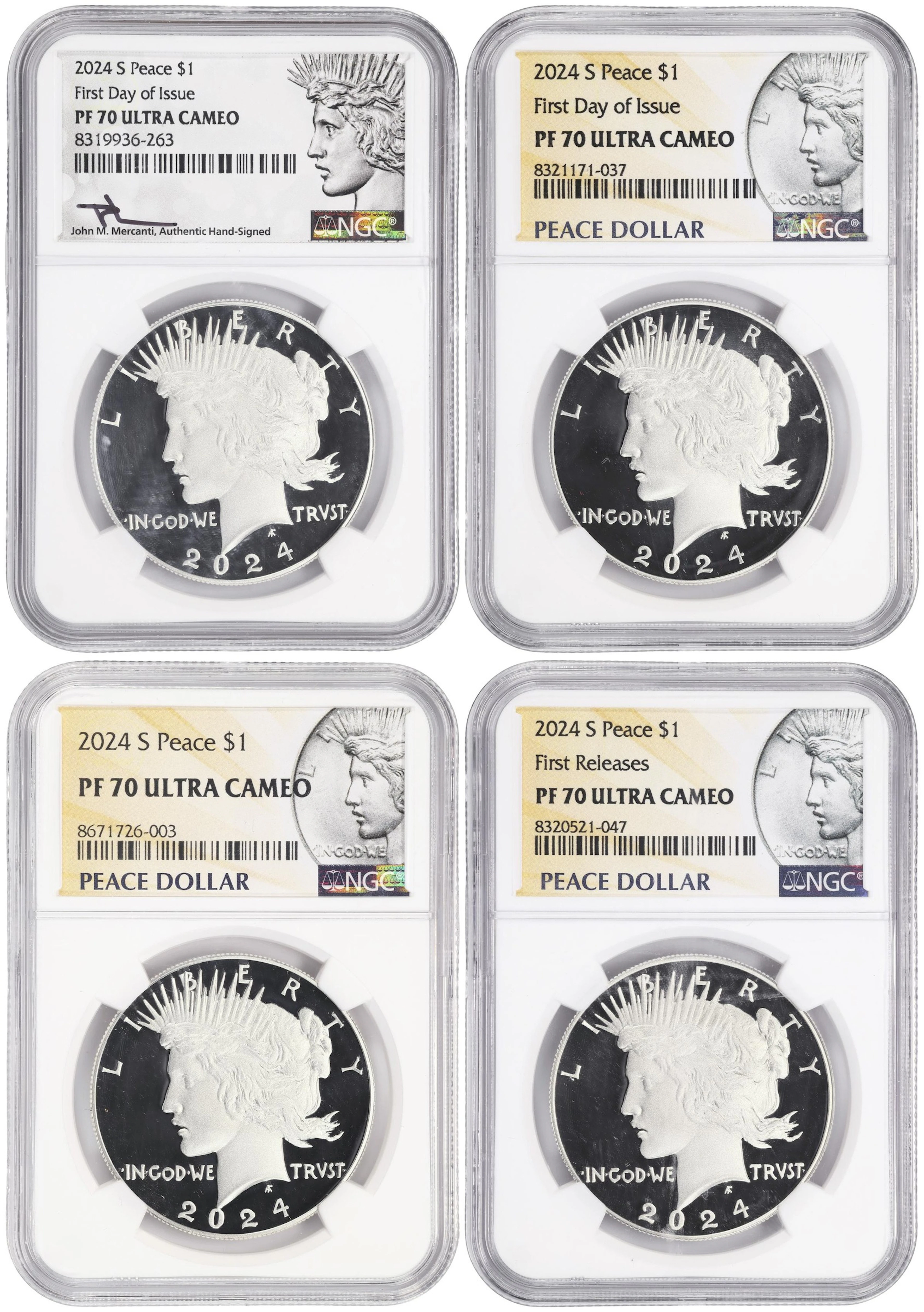 (3.436 oz, 106.873 g ASW). Lot of (4) 2024-S Peace Silver Dollars.