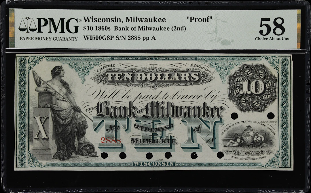 Milwaukee, Wisconsin. Bank of Milwaukee. 18xx $10. PMG Choice About
