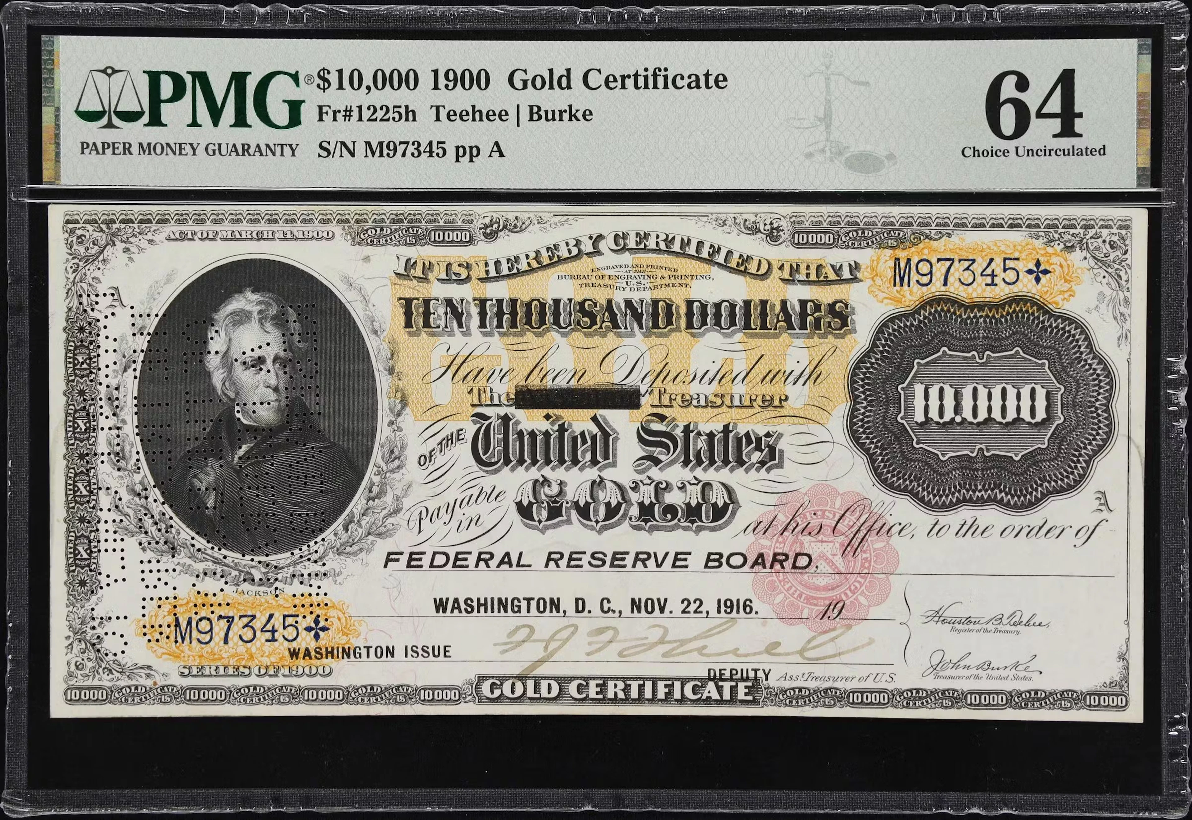 Fr. 1225h. 1900 $10,000 Gold Certificate. PMG Choice Uncirculated 64.
