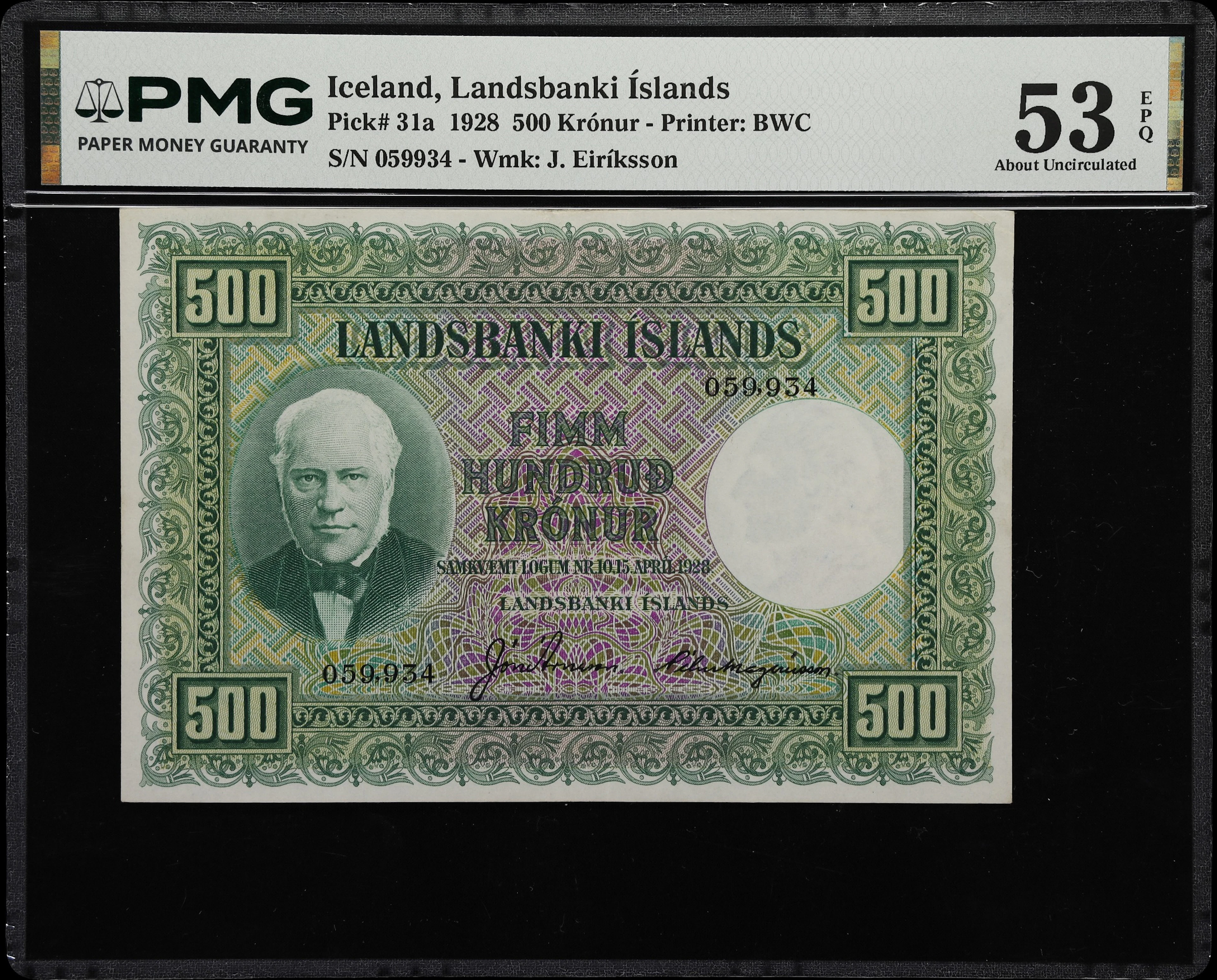 (◊) ICELAND. Landsbanki Islands. 500 Kronur, 15.4.1928. P-31a. PMG