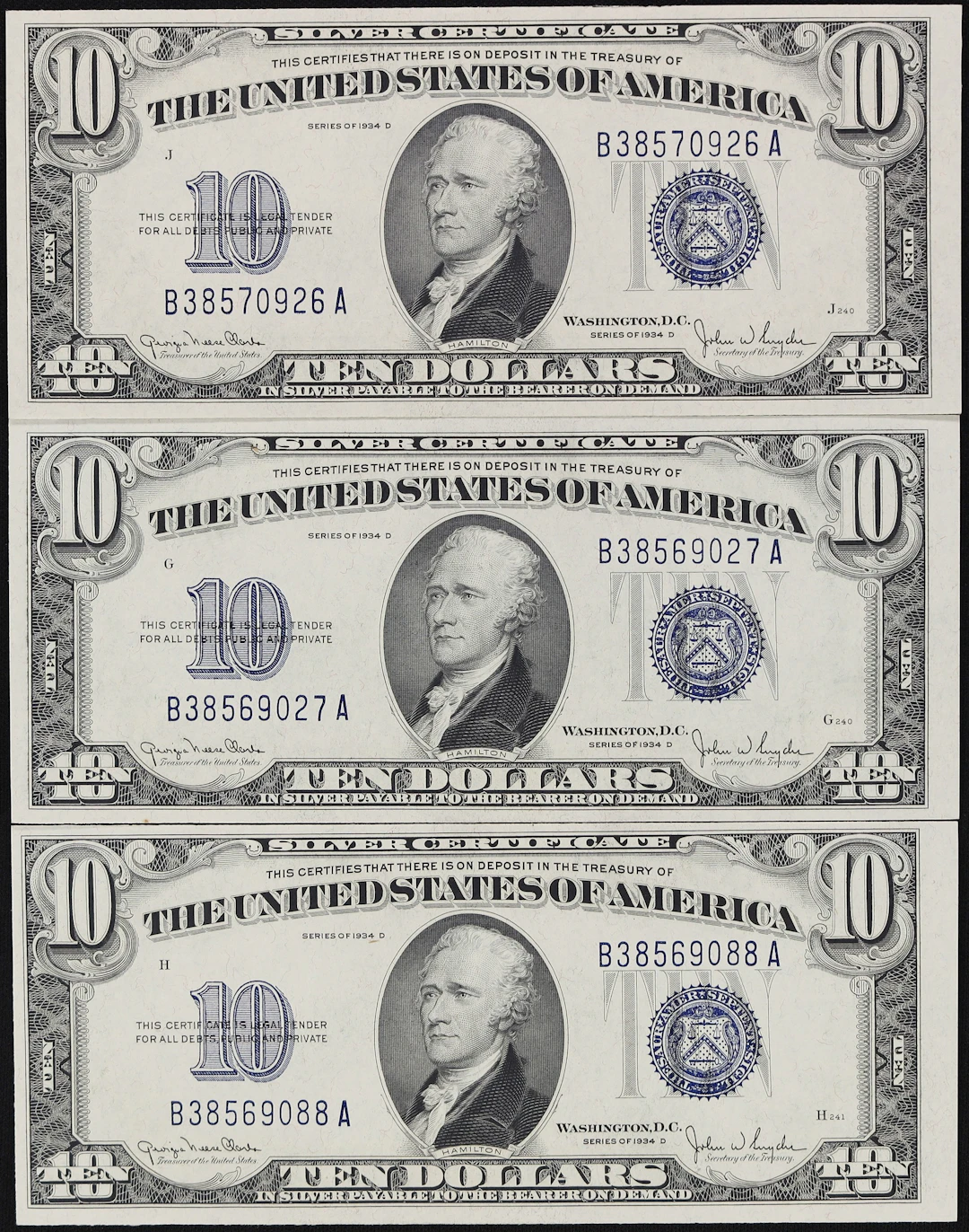 Lot of (3) Fr. 1705. 1934D $10 Silver Certificates. Choice Uncirculated.