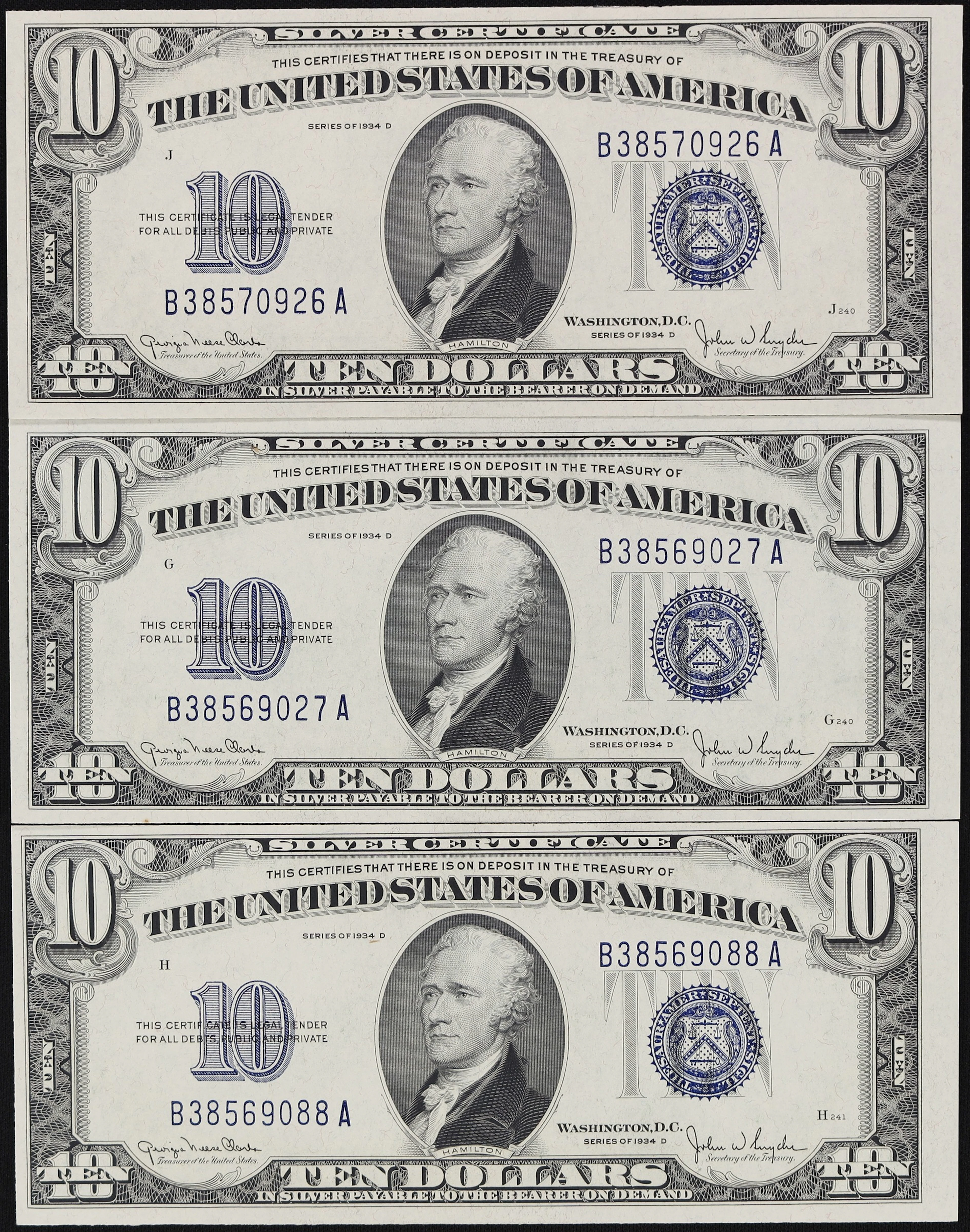 Lot of (3) Fr. 1705. 1934D $10 Silver Certificates. Choice Uncirculated.