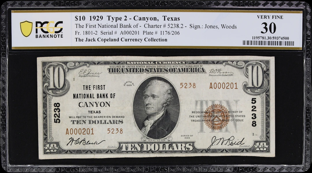 Canyon, Texas. $10 1929 Ty. 2. Fr. 1801-2. First NB. Charter #5238.