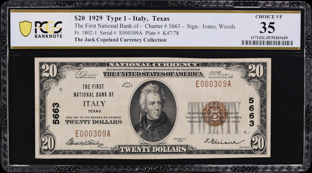 Italy, Texas. $20 1929 Ty. 1. Fr. 1802-1. First NB. Charter #5663.