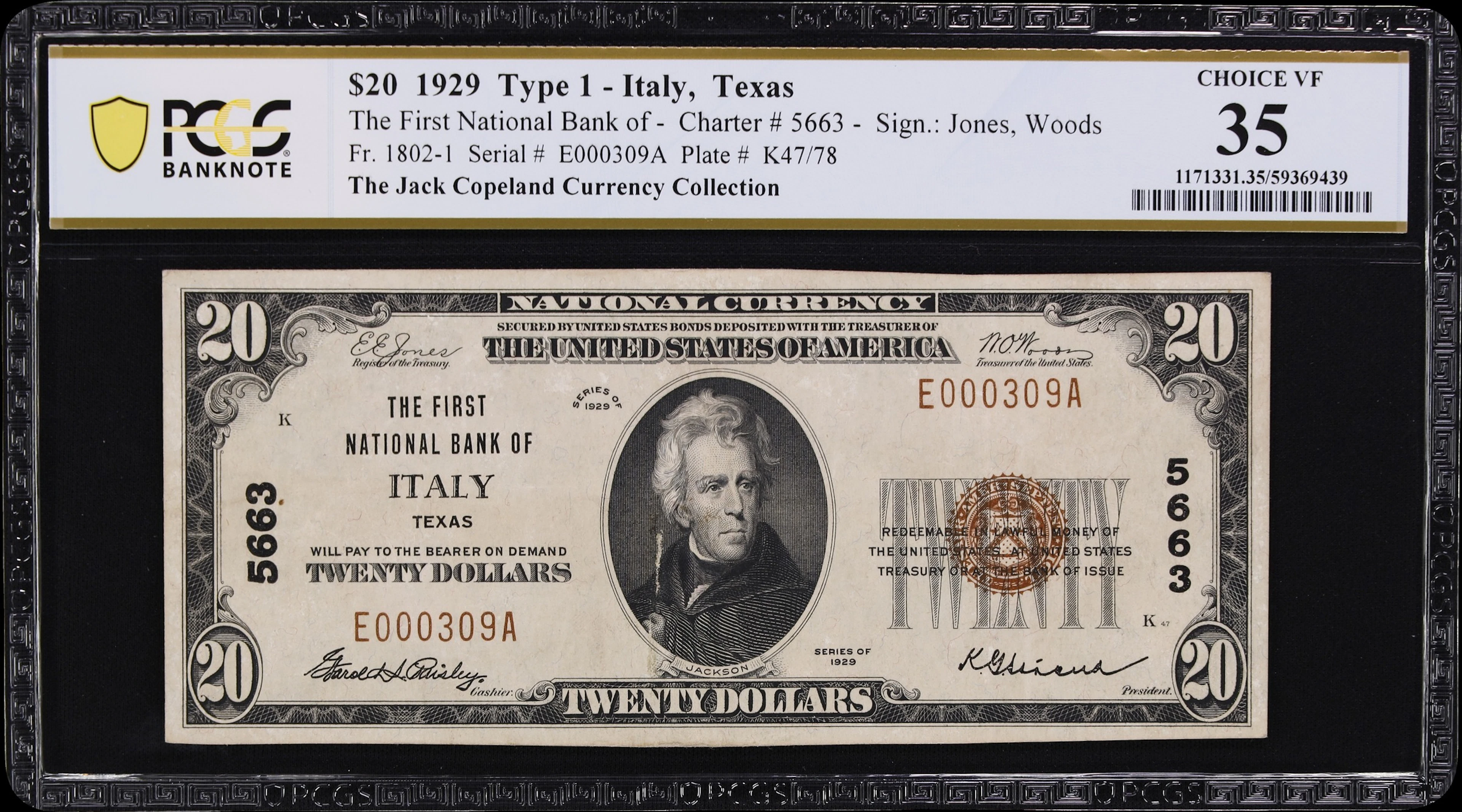 Italy, Texas. $20 1929 Ty. 1. Fr. 1802-1. First NB. Charter #5663.