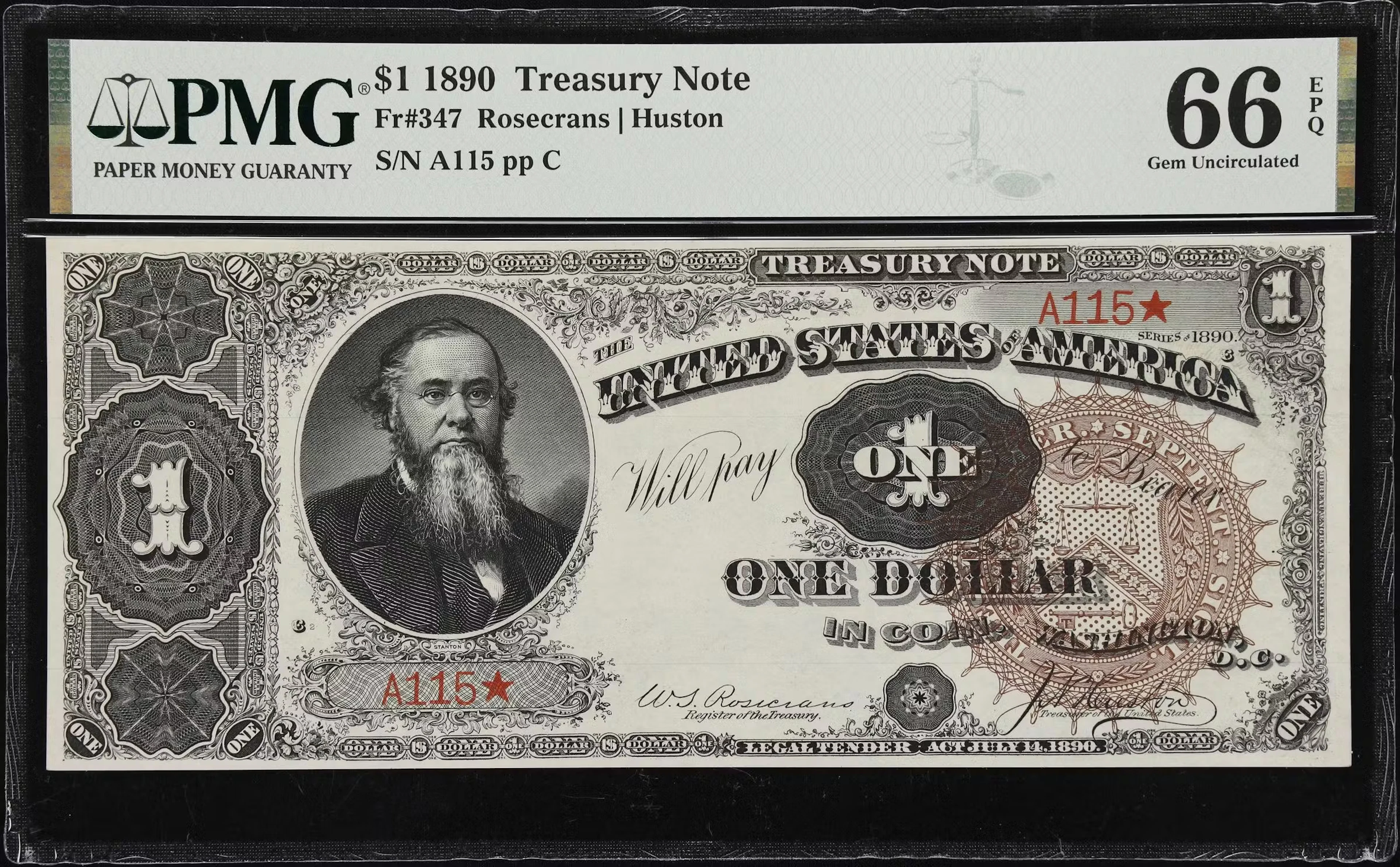 Fr. 347. 1890 $1 Treasury Note. PMG Gem Uncirculated 66 EPQ.