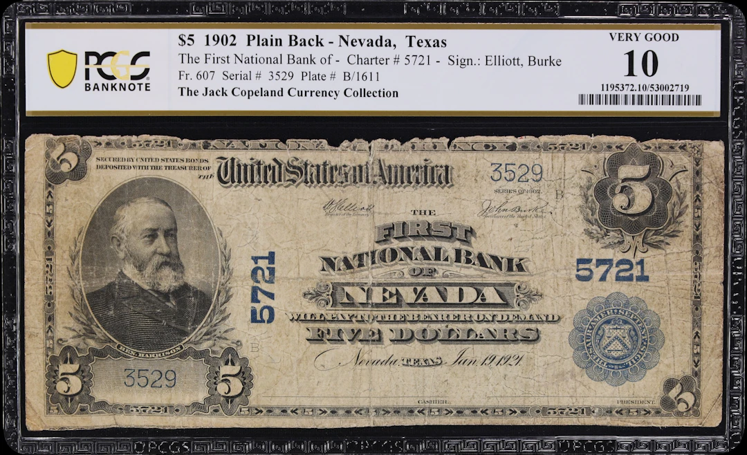 Nevada, Texas. $5 1902 Plain Back. Fr. 607. First NB. Charter #5721.