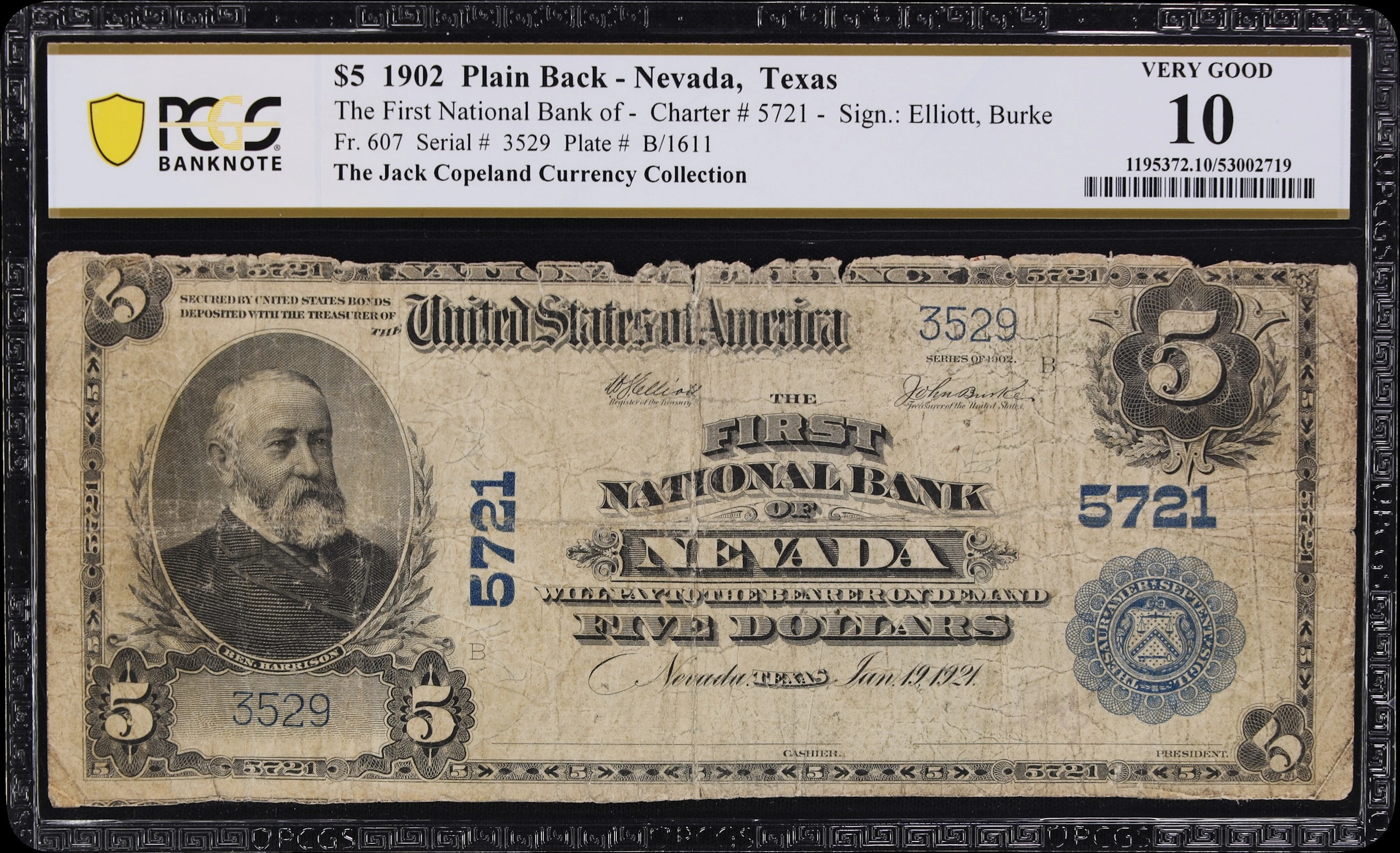 Nevada, Texas. $5 1902 Plain Back. Fr. 607. First NB. Charter #5721.
