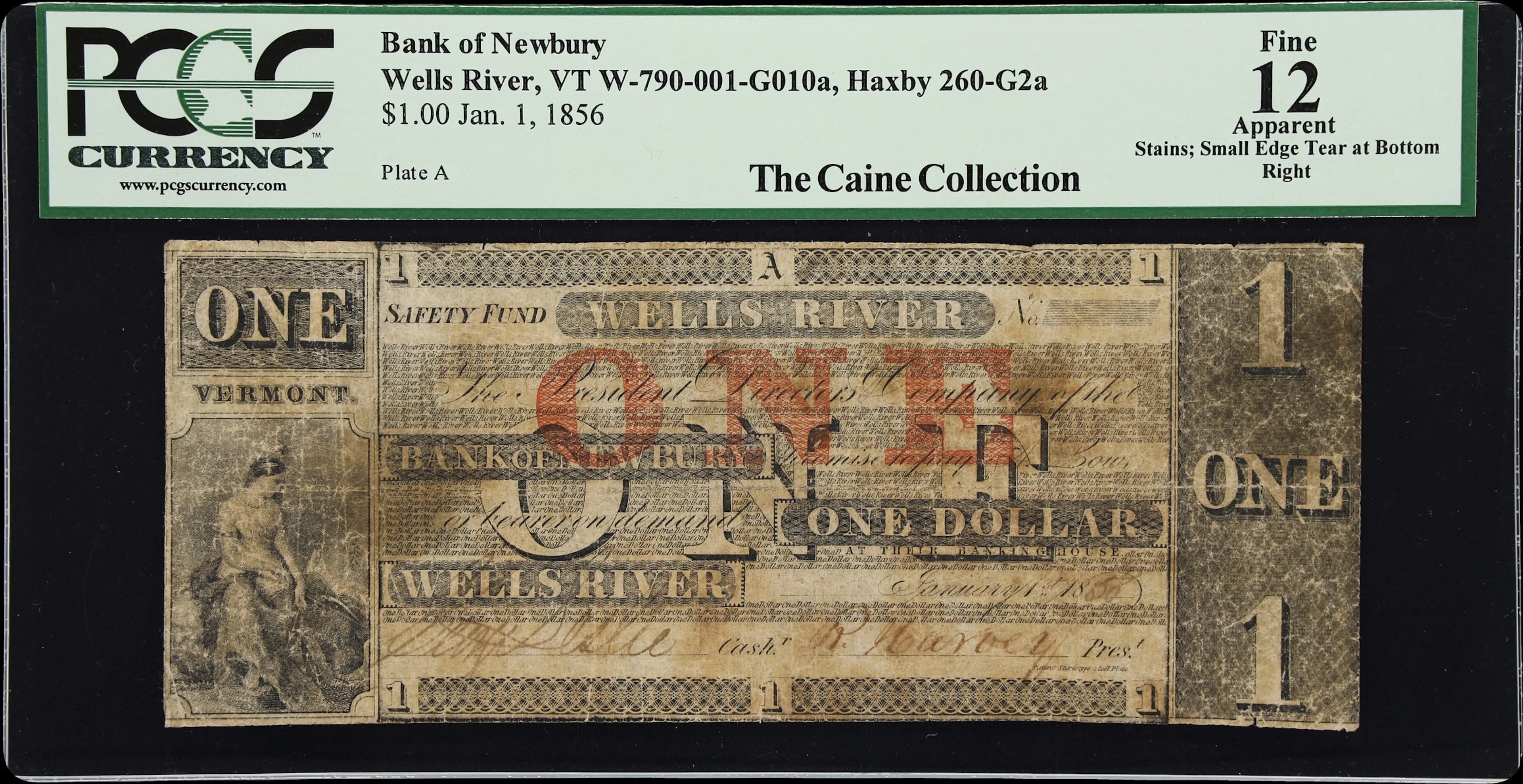 Wells River, Vermont. Bank of Newbury. 1856 $1. PCGS Currency Fine