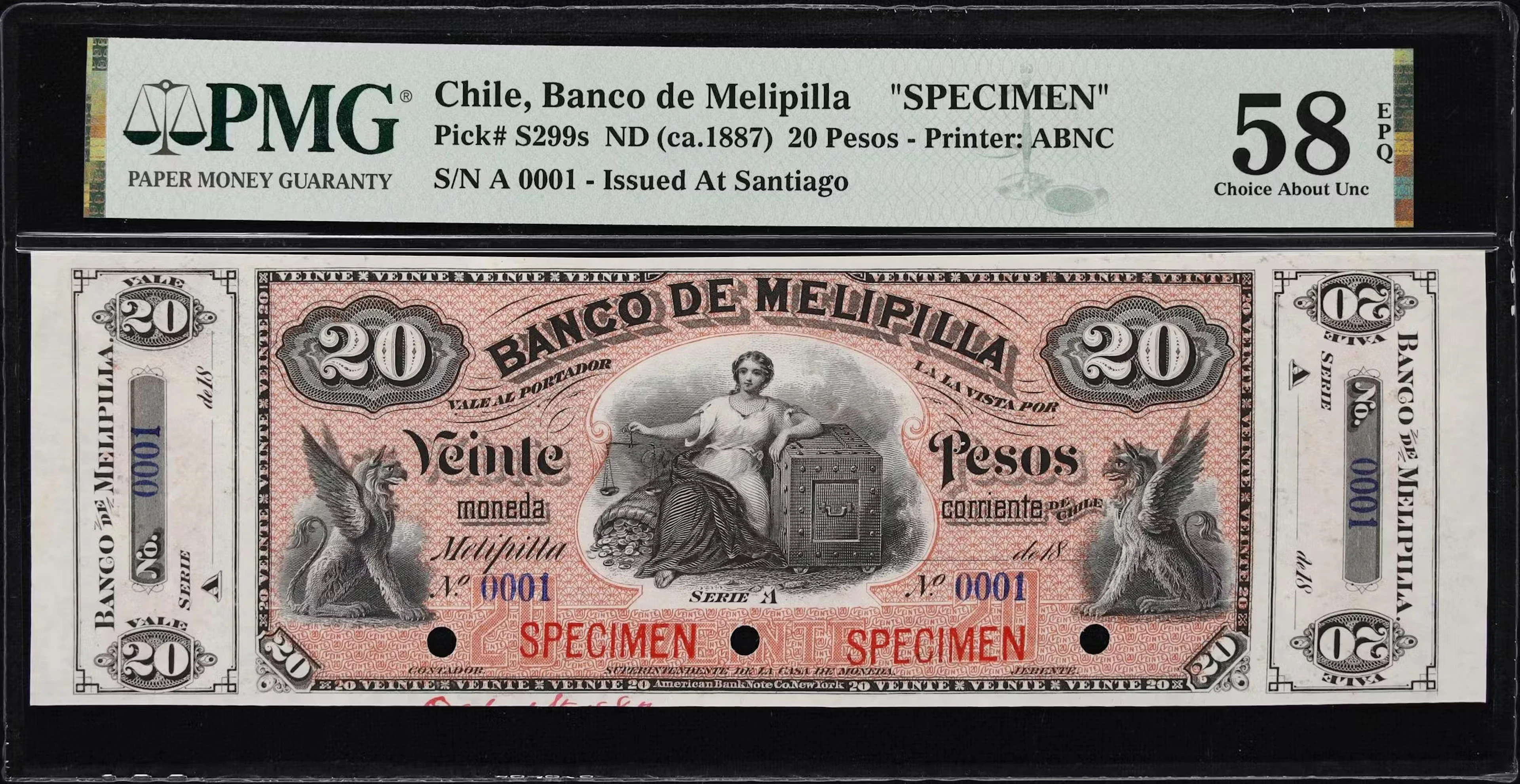 CHILE. Banco de Melipilla. 20 Pesos, ND (1895). P-S299s. Specimen.
