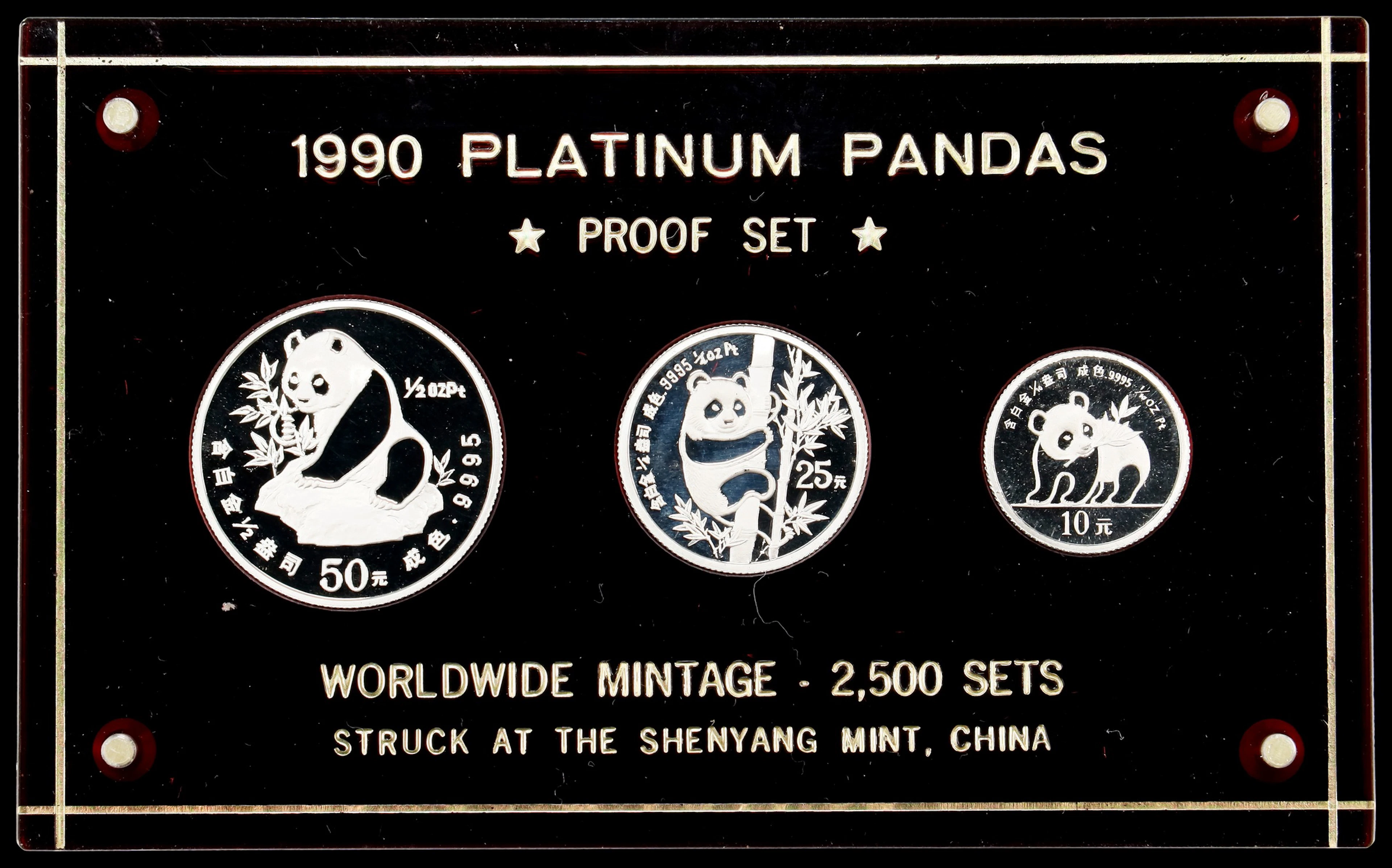(t) CHINA. Platinum Proof Set (3 Pieces), 1990. Shenyang Mint. Panda