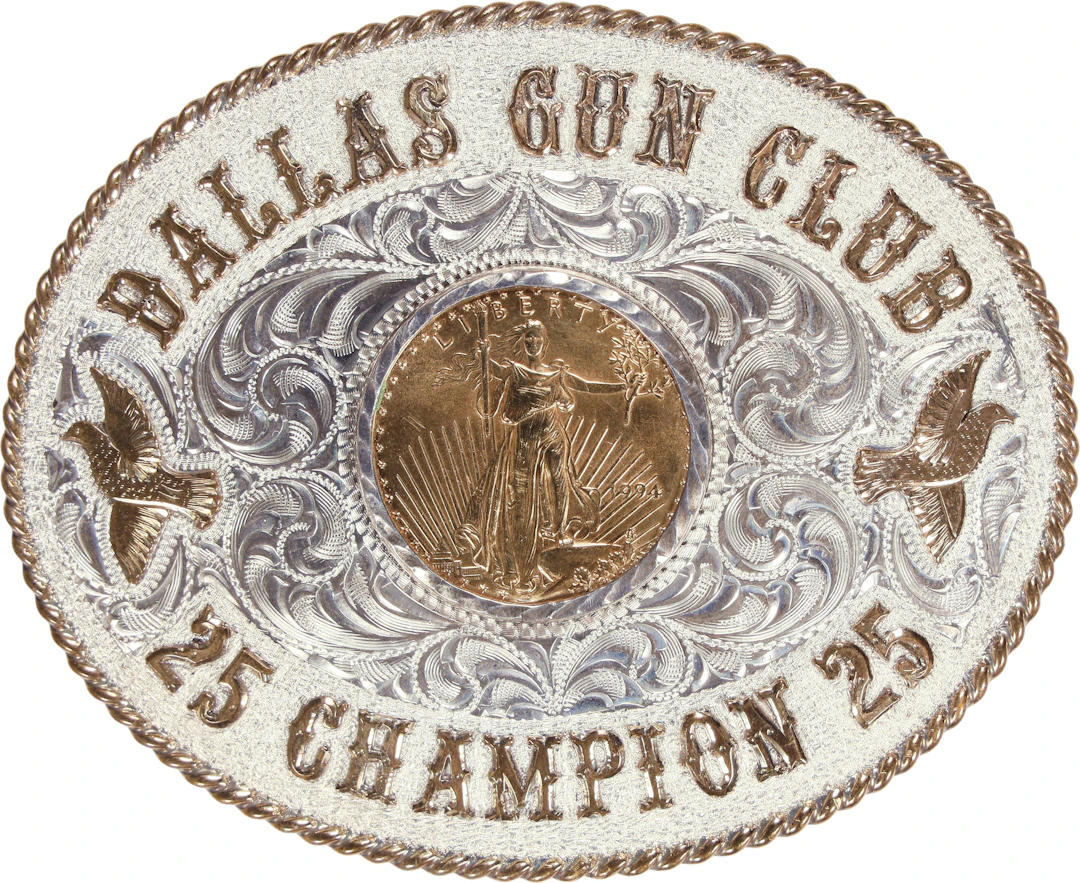 (0.5 oz, 15.552 g AGW). Dallas Gun Club Gold & Sterling Silver Belt Buckle.