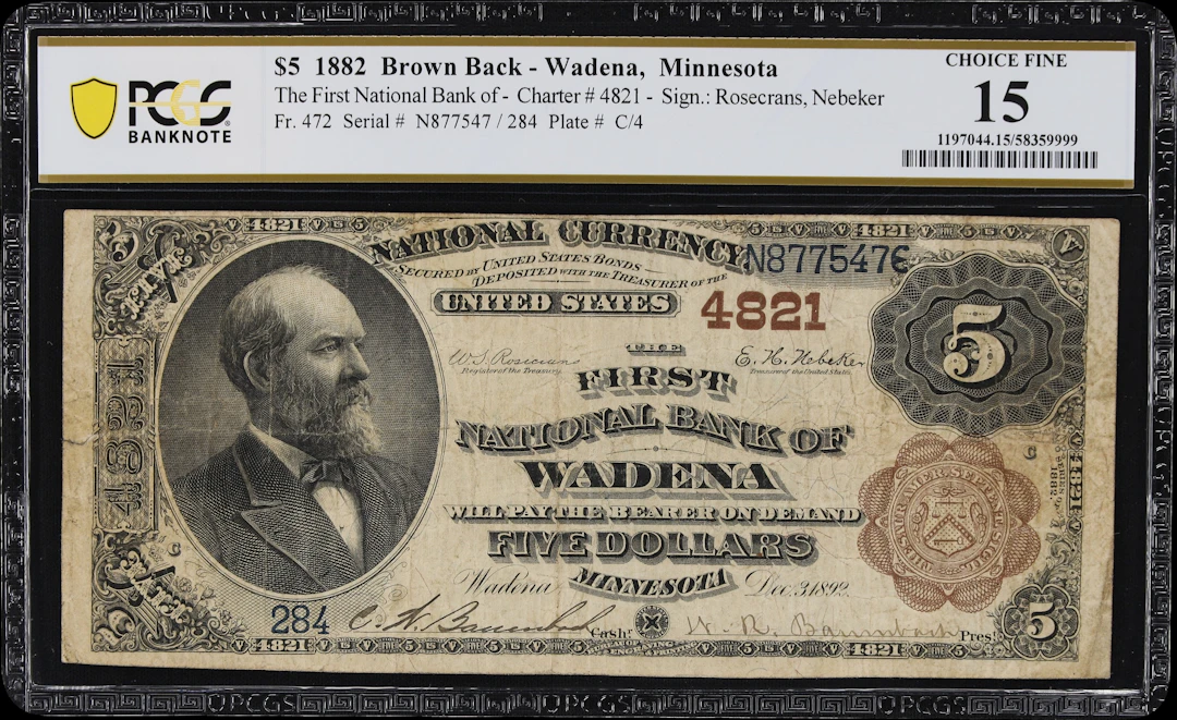 Wadena, Minnesota. $5 1882 Brown Back. Fr. 472. First NB. Charter