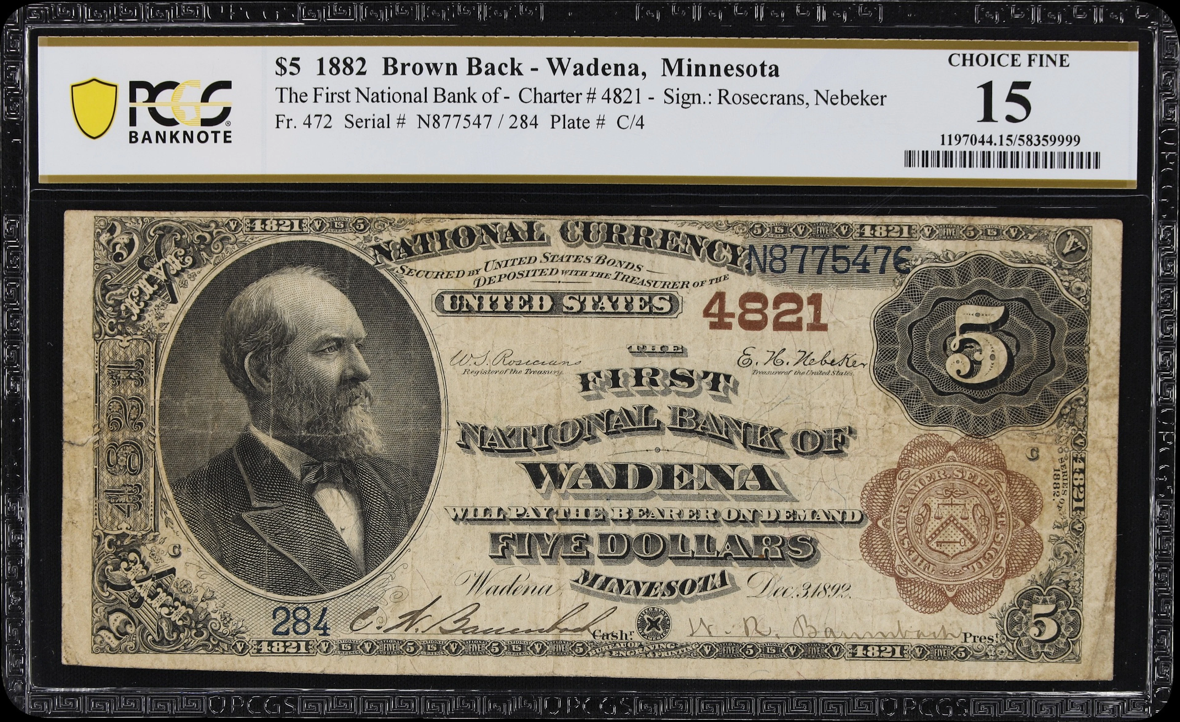 Wadena, Minnesota. $5 1882 Brown Back. Fr. 472. First NB. Charter
