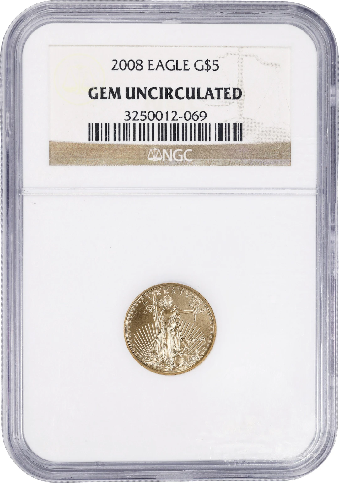 (0.1 oz, 3.11 g AGW). 2008 American Gold Eagle $5. Gem Uncirculated (NGC).