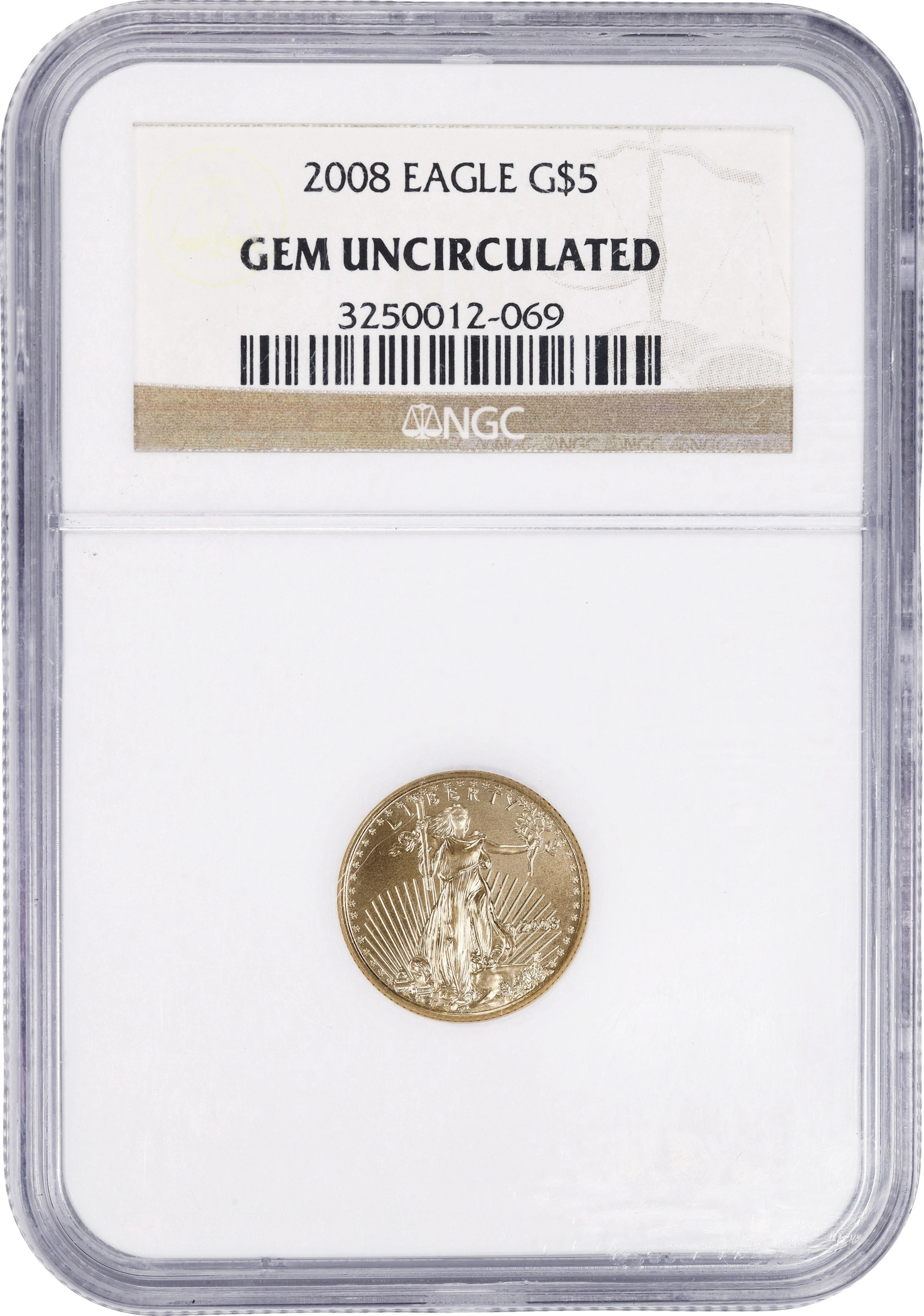 (0.1 oz, 3.11 g AGW). 2008 American Gold Eagle $5. Gem Uncirculated (NGC).