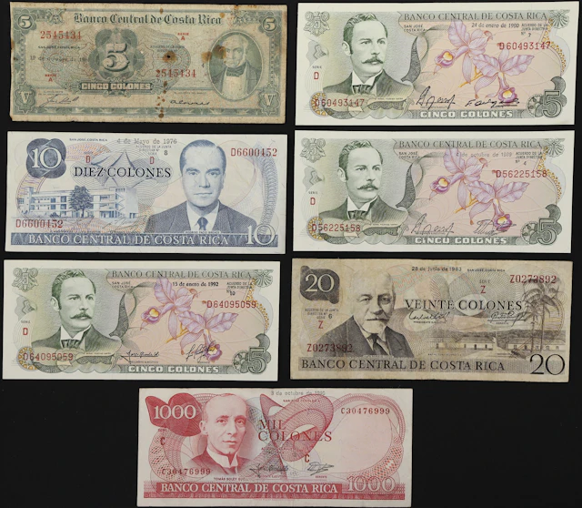 COSTA RICA. Lot of (7). Banco Central de Costa Rica. 5, 10, 20, &