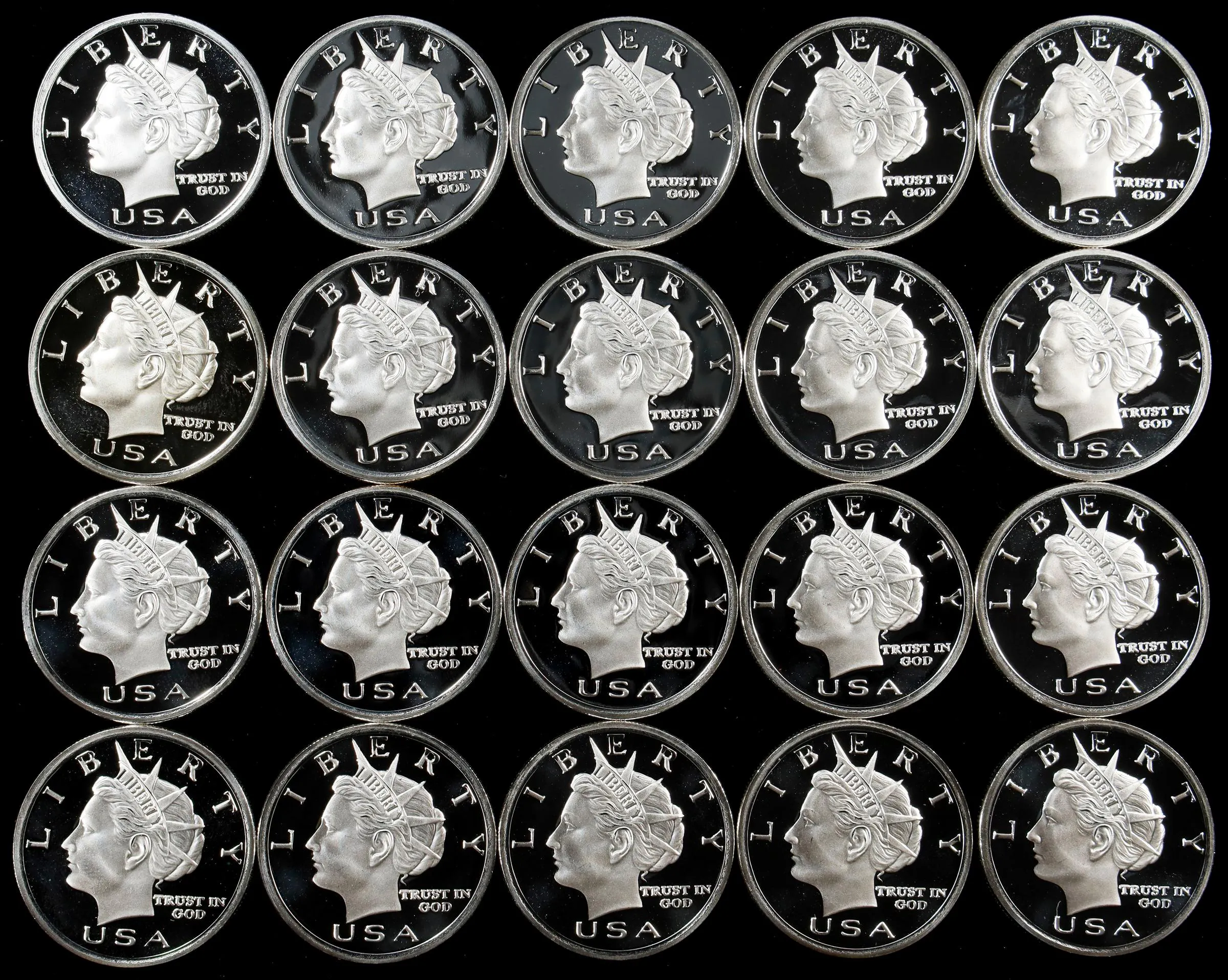 (20 oz, 622.080 g ASW). Lot of (20) NORFED Liberty $20 1 oz Silver Rounds.