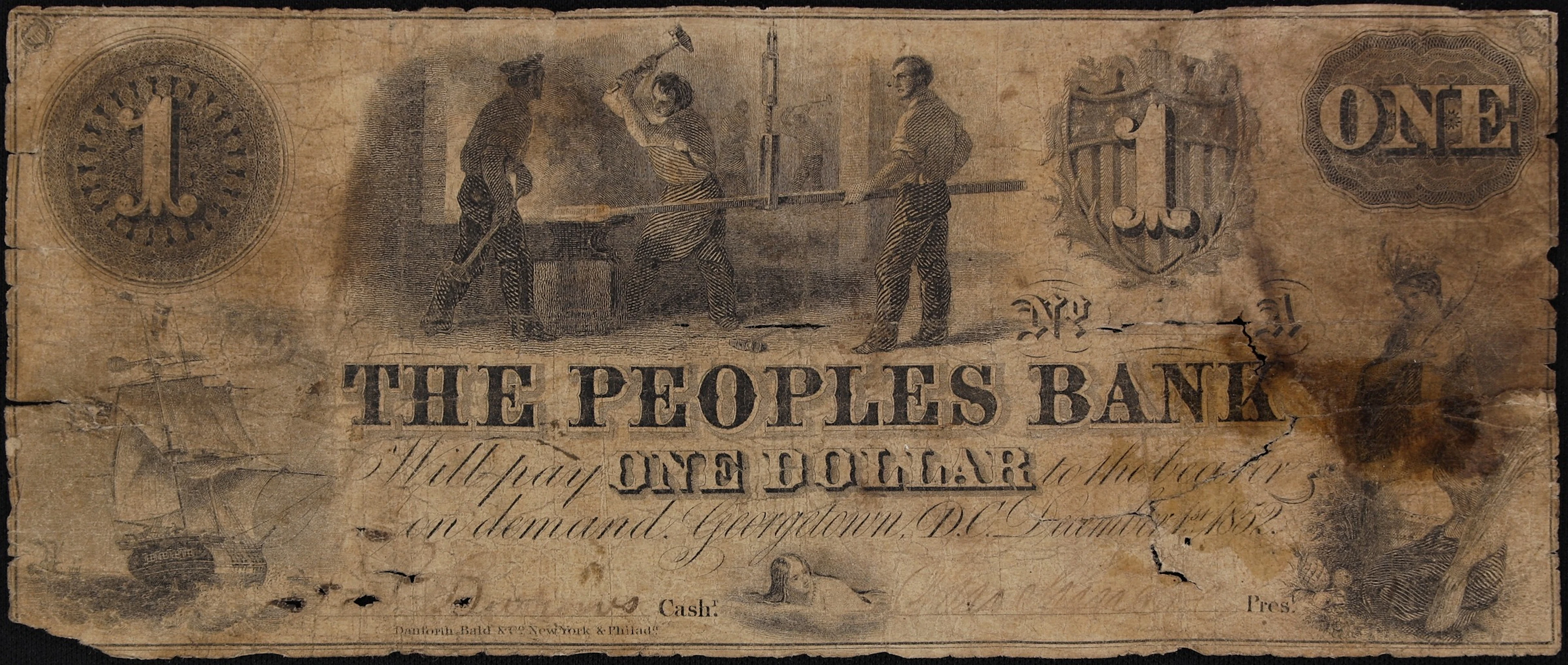 Georgetown, District of Columbia. Peoples Bank. 1852 $1. Very Good.