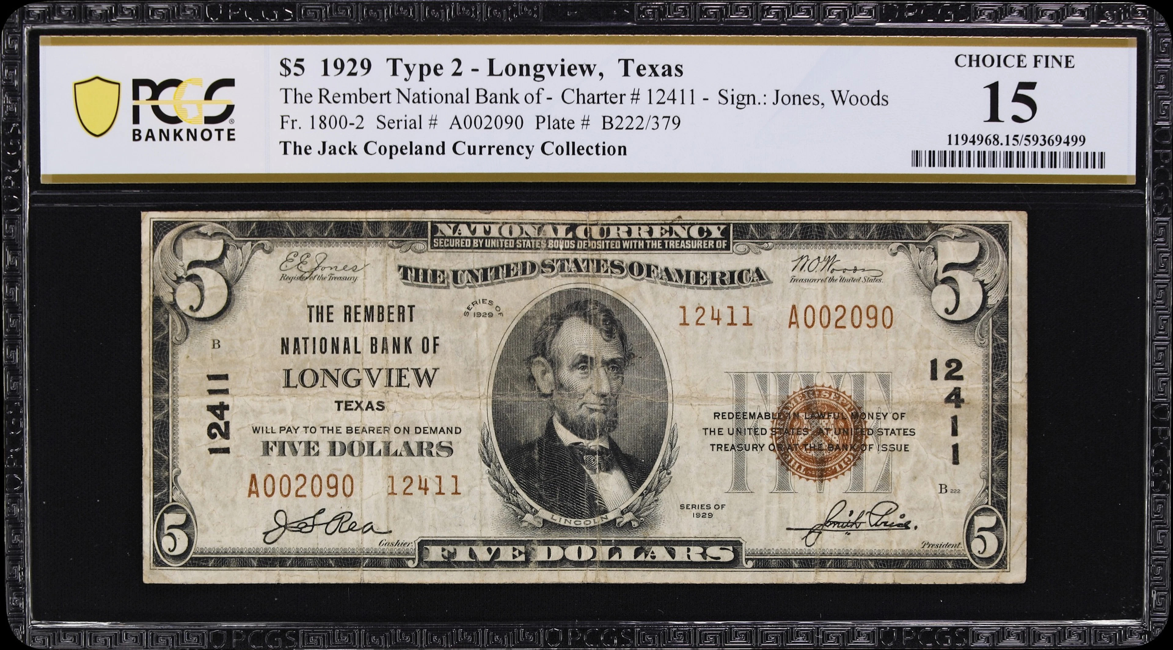 Longview, Texas. $5 1929 Ty. 2. Fr. 1800-2. Rembert NB. Charter #12411.