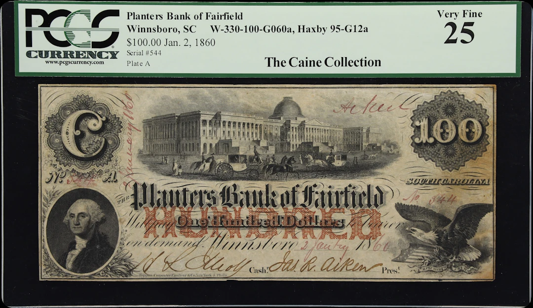 Winnsboro, South Carolina. Planters Bank of Fairfield. 1860 $100.
