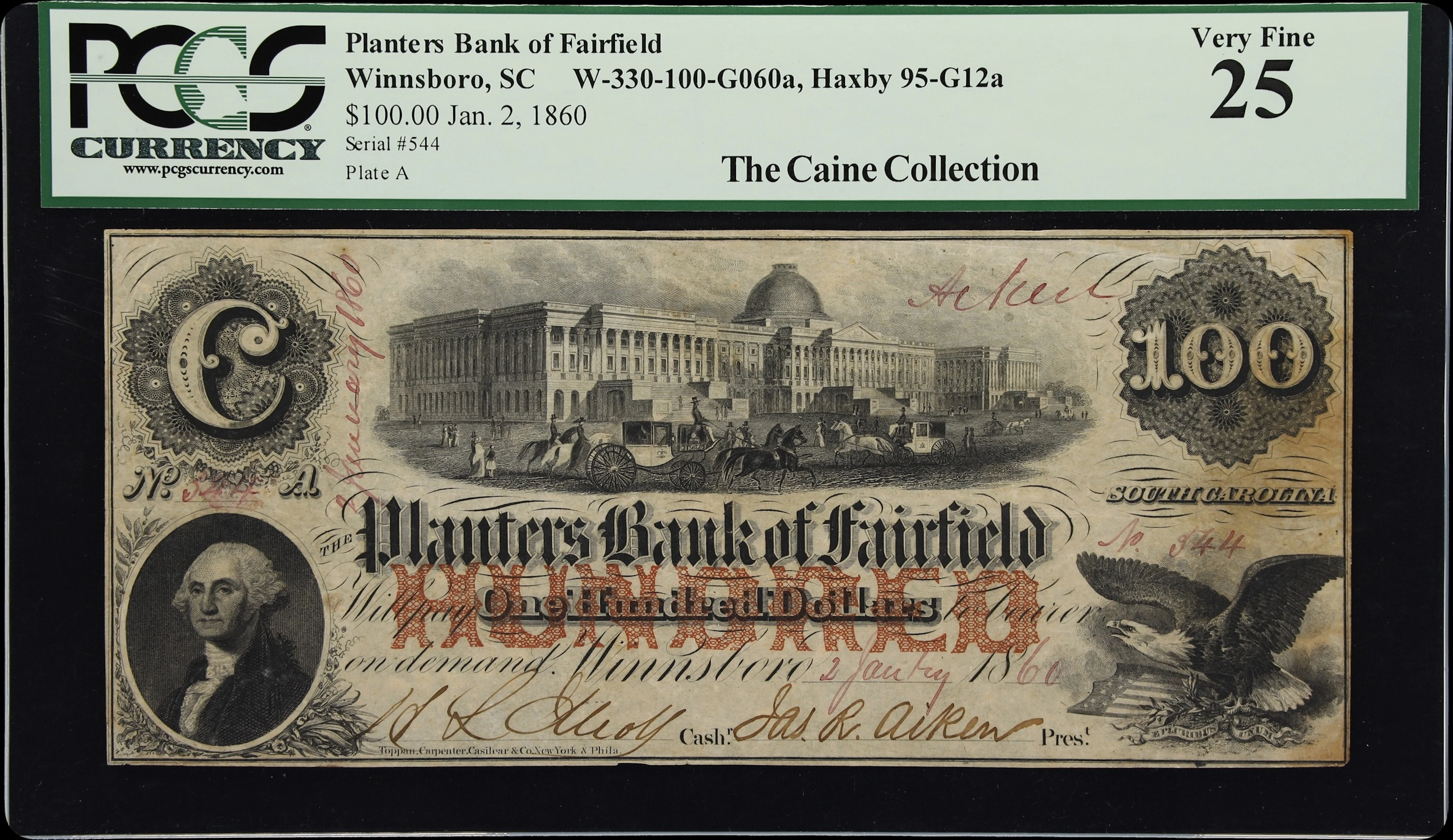 Winnsboro, South Carolina. Planters Bank of Fairfield. 1860 $100.