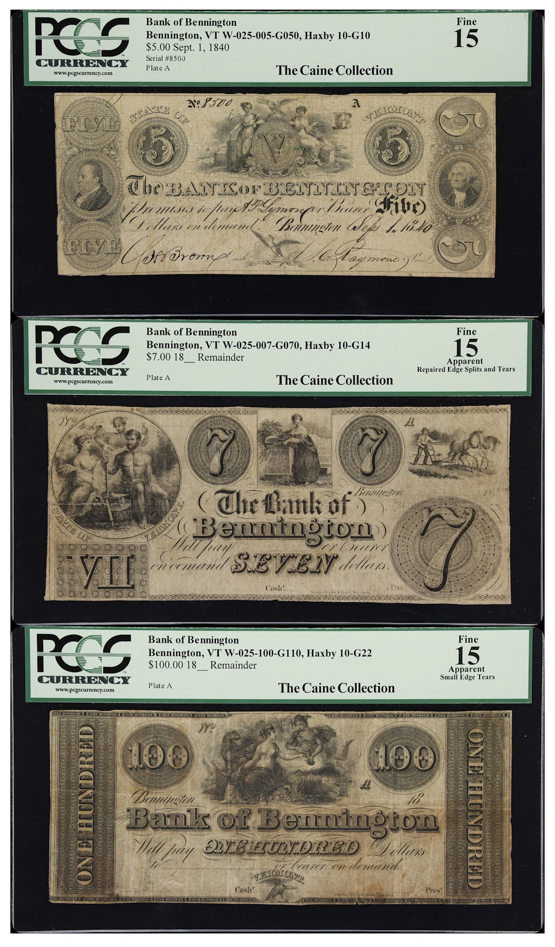 Lot of (3) Bennington, Vermont. Bank of Bennington. 18xx-40 $5, $7
