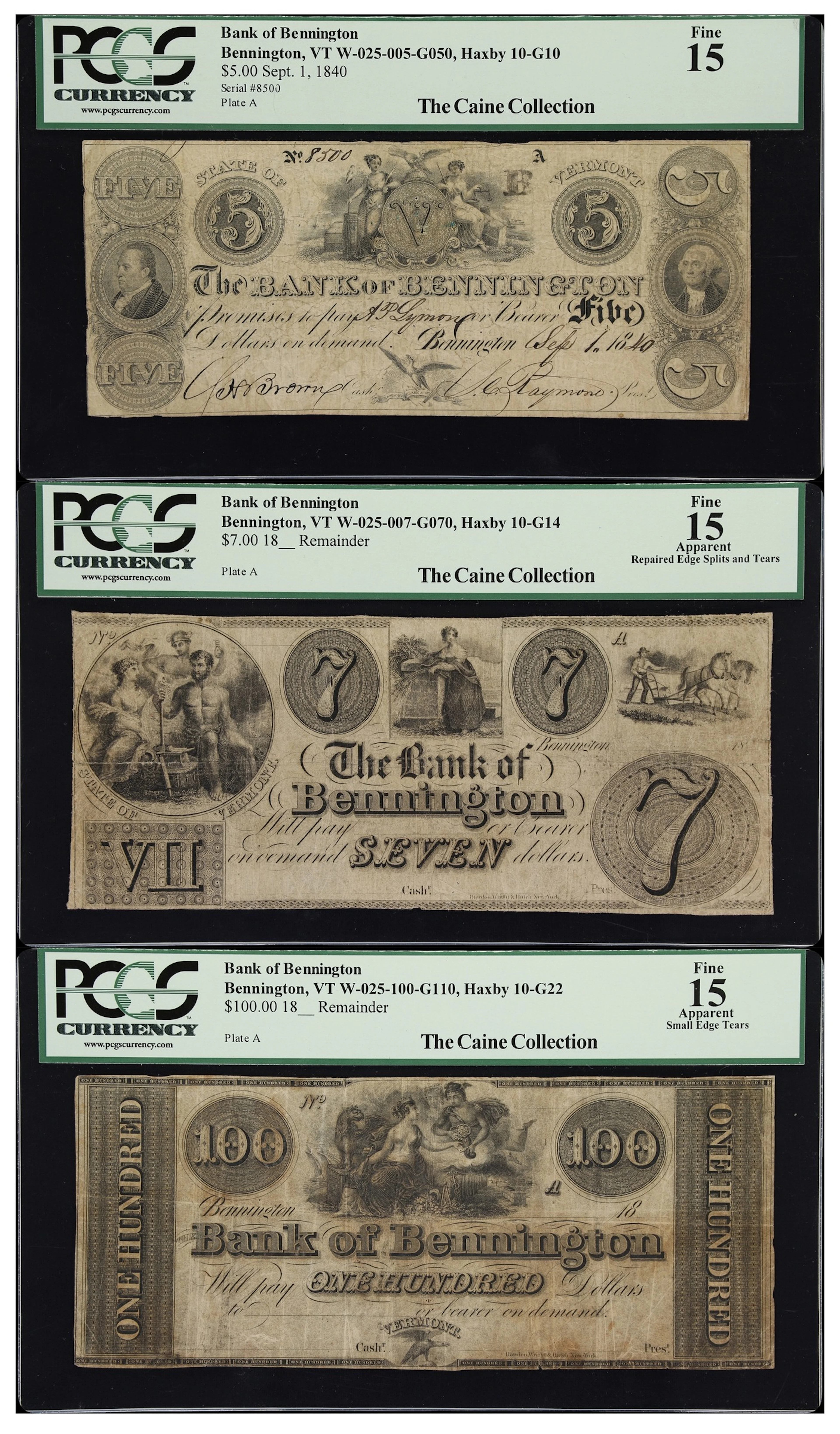 Lot of (3) Bennington, Vermont. Bank of Bennington. 18xx-40 $5, $7