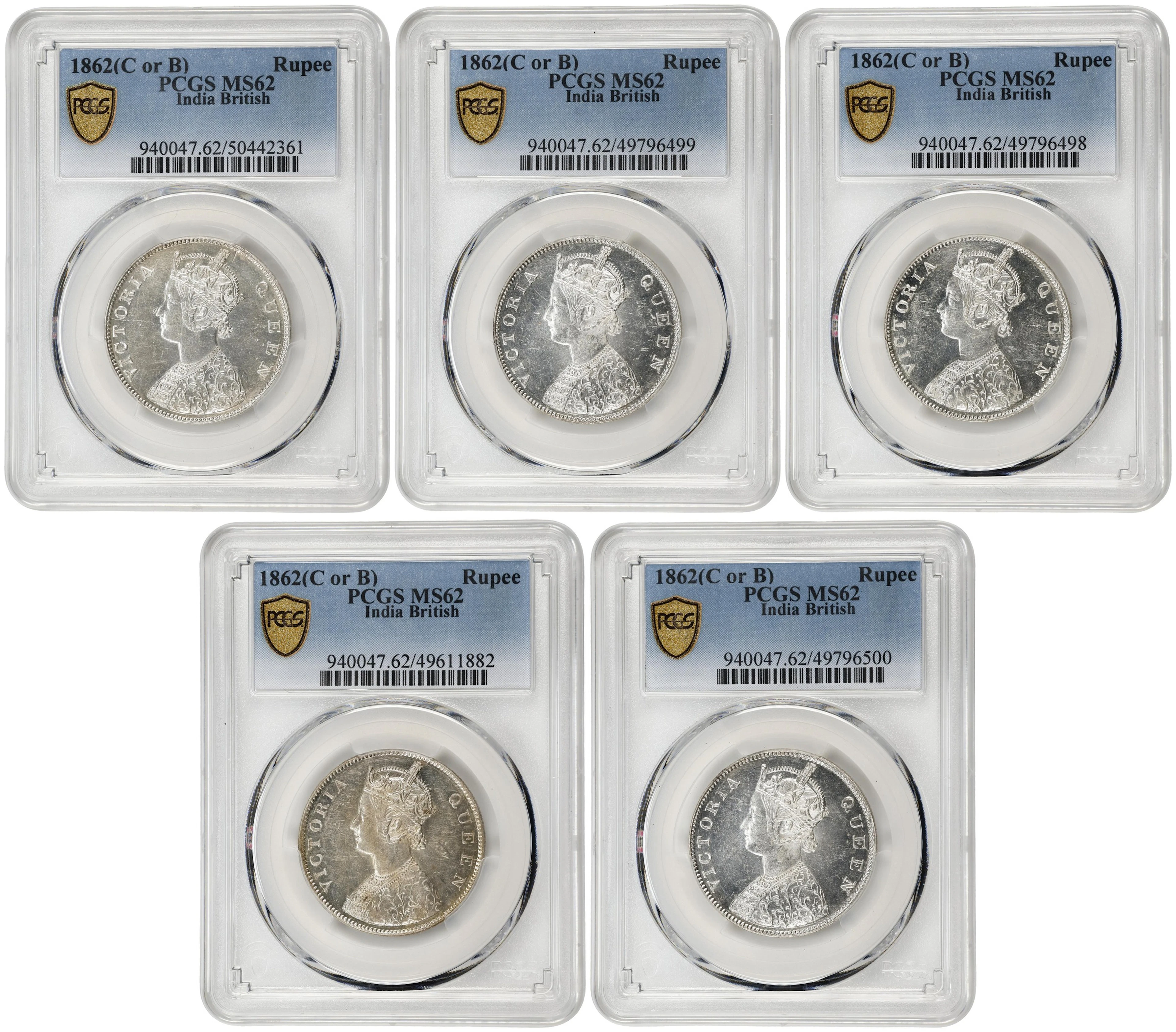 INDIA. Rupee, 1862-(B). Bombay Mint. Victoria. All PCGS MS-62.