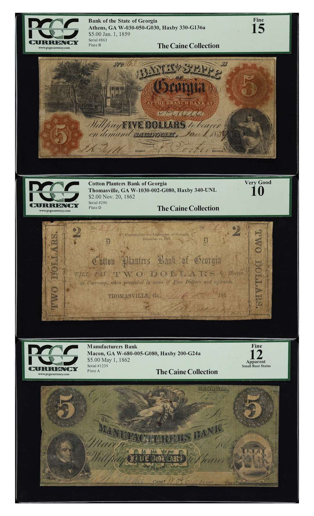Lot of (3) Athens, Macon & Thomasville, Georgia. Mixed Issuers. 1859-62