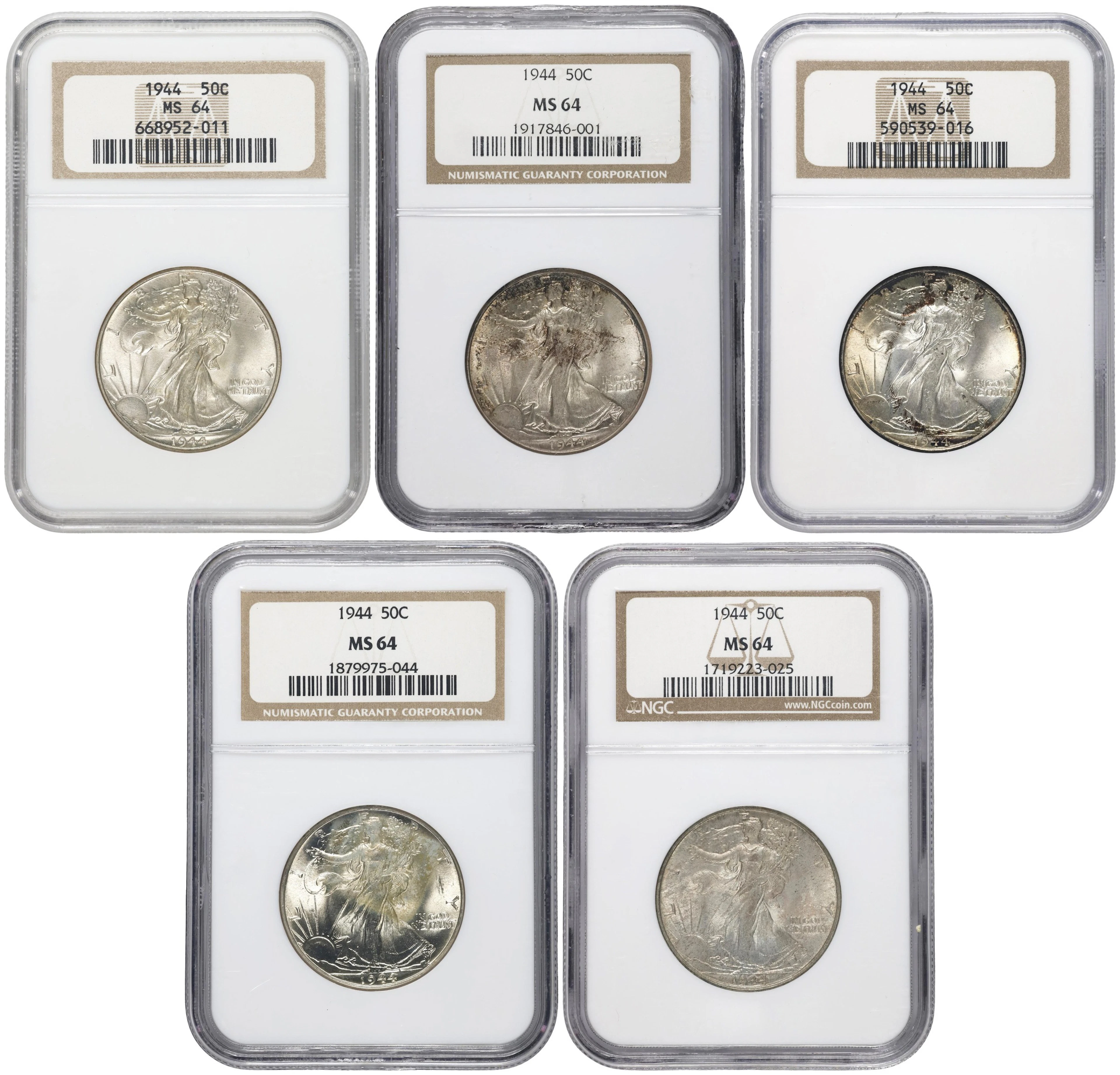 Lot of (5) 1944 Walking Liberty Half Dollars. MS-64 (NGC).