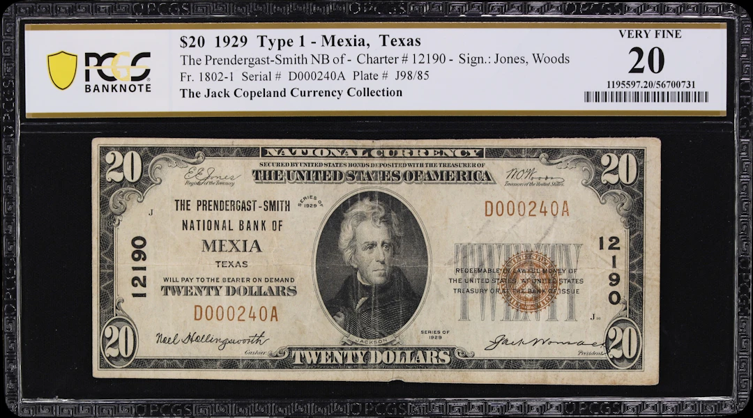 Mexia, Texas. $20 1929 Ty. 1. Fr. 1802-1. Prendergast-Smith NB. Charter