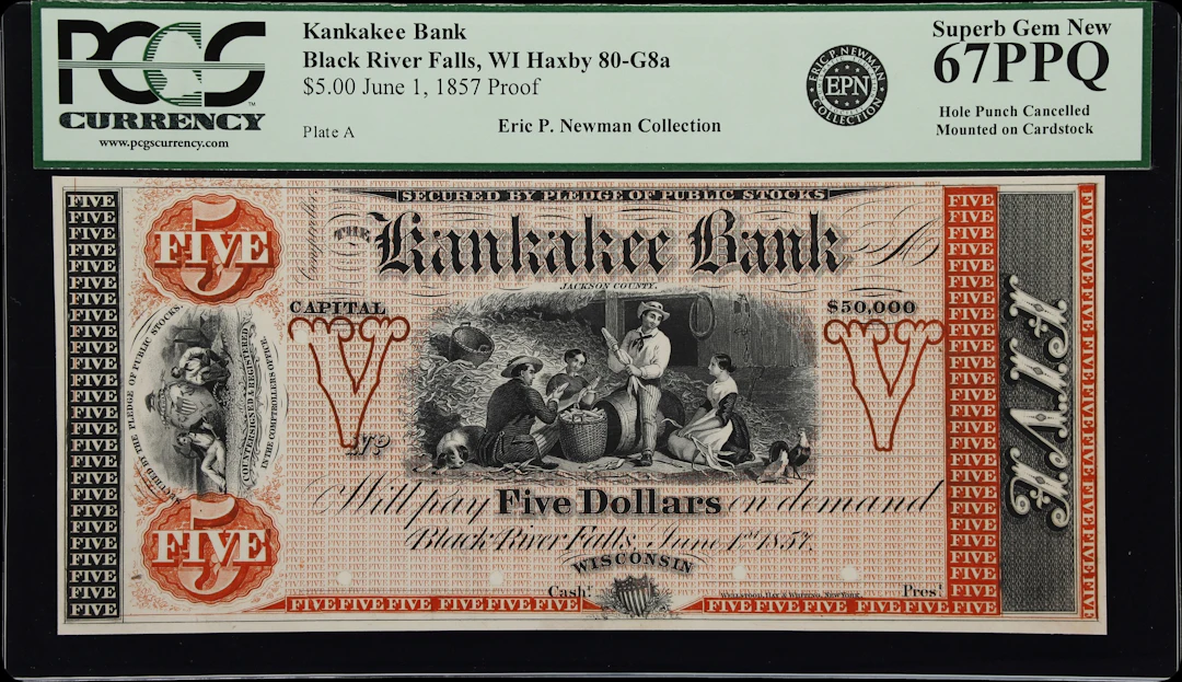 Black River Falls, Wisconsin. Kankakee Bank. 1857 $5. PCGS Currency