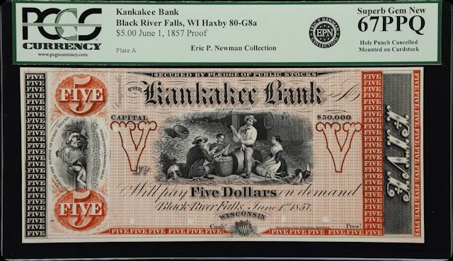 Black River Falls, Wisconsin. Kankakee Bank. 1857 $5. PCGS Currency