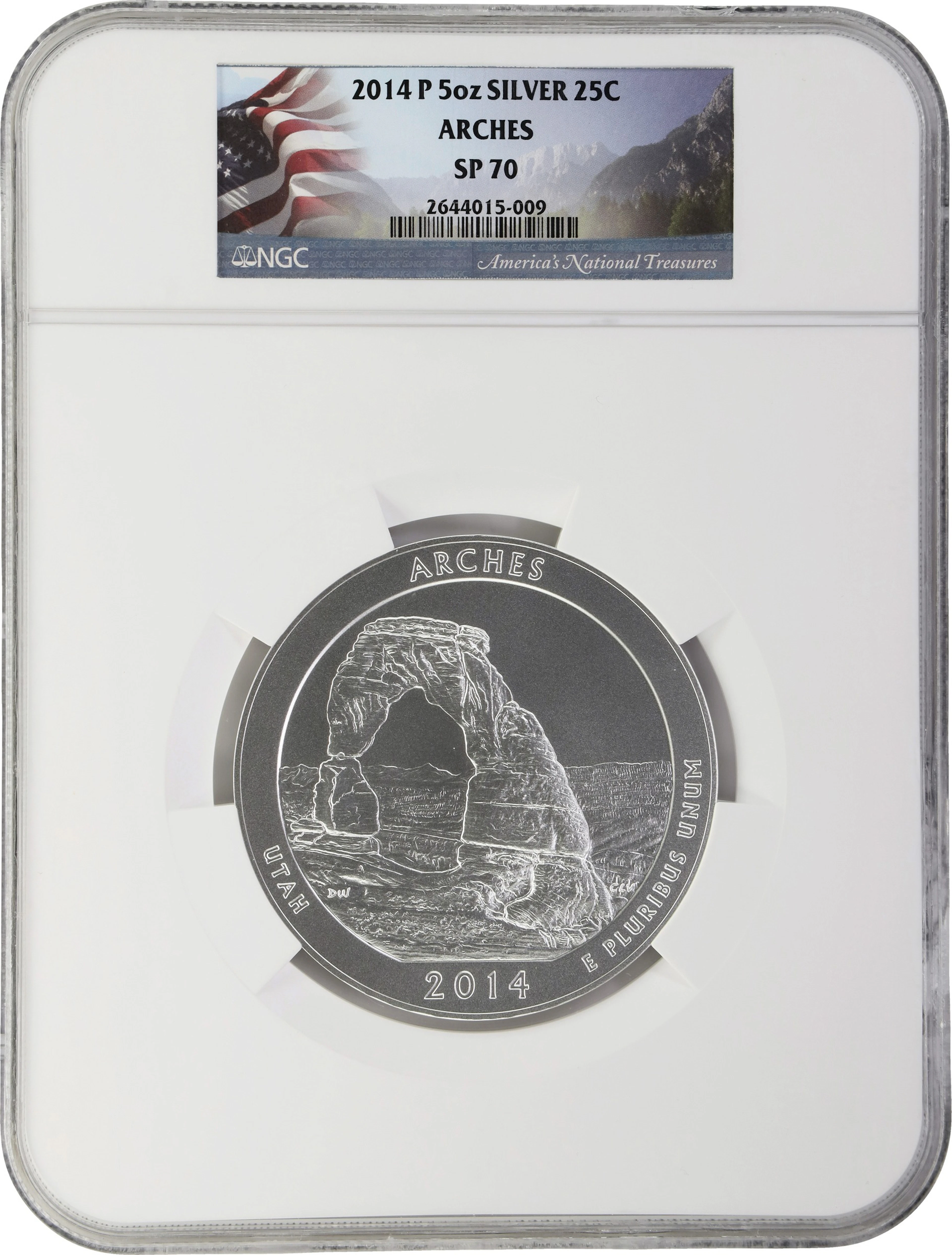 (5 oz, 155.52 g ASW). 2014-P Arches America the Beautiful 5 oz Silver