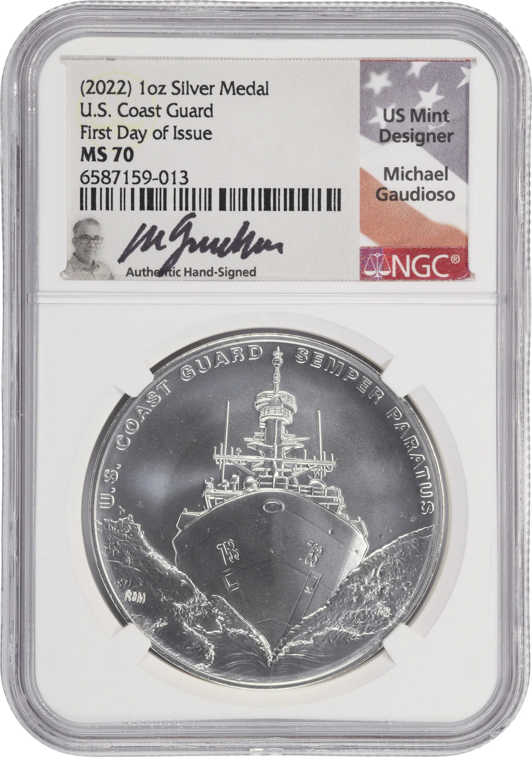 (1 oz, 31.104 g ASW). 2022 U.S. Coast Guard Silver Medal. MS-70 (NGC).