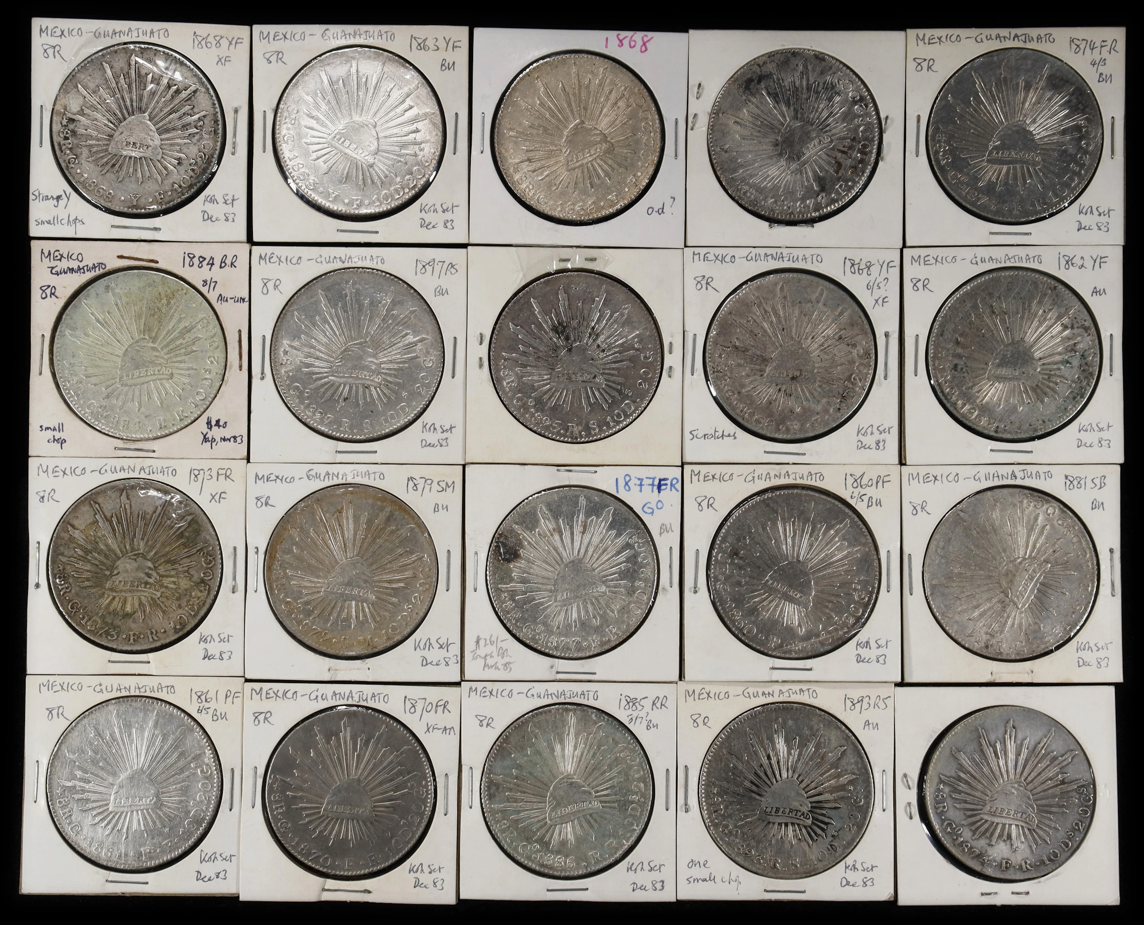 MEXICO. Group of 8 Reales (20 Pieces), 1860-97. Guanajuato Mint. Average
