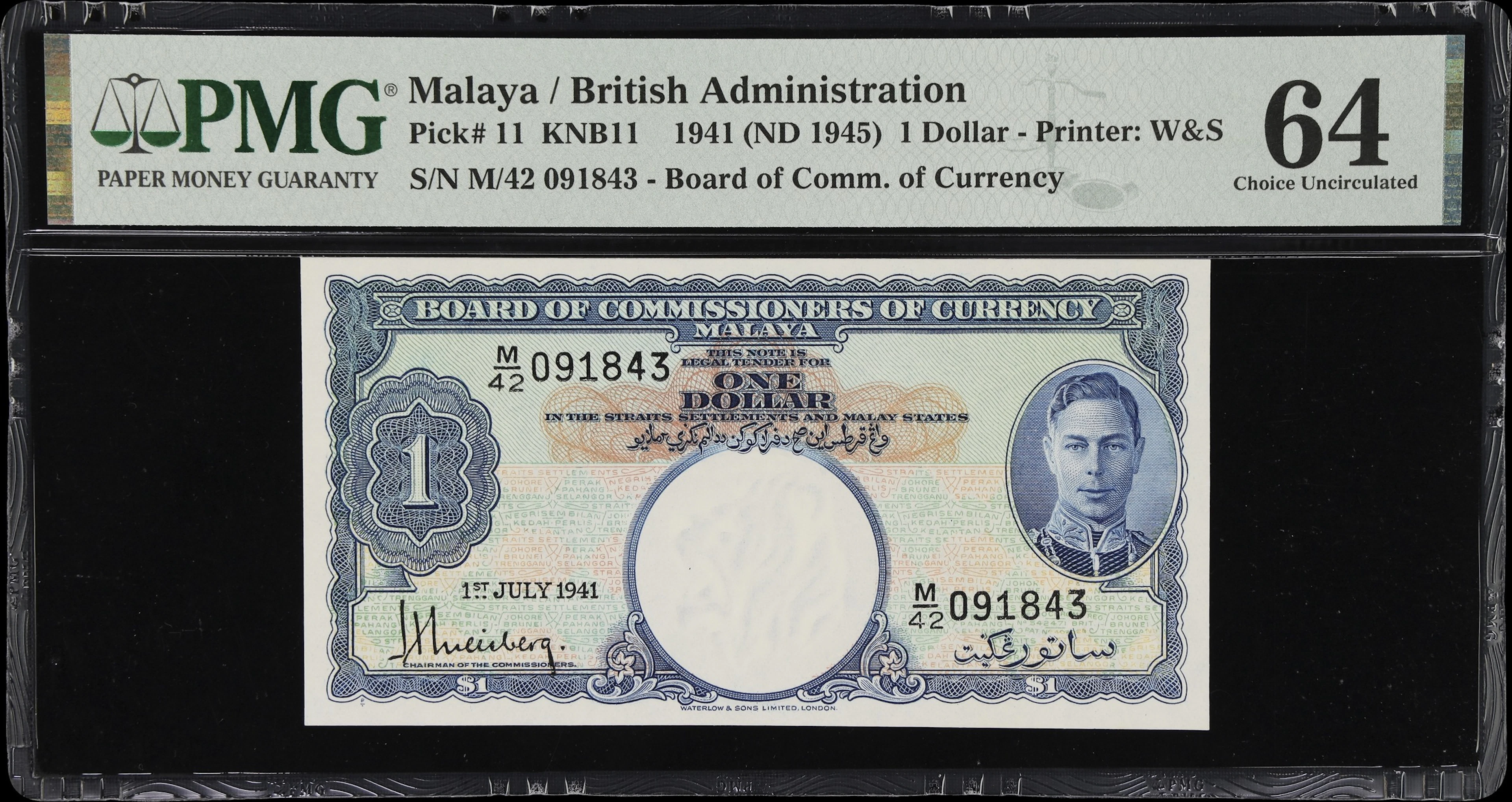 MALAYA. Board of Commissioners of Currency. 1 Dollar, 1.7.1941. P-11.