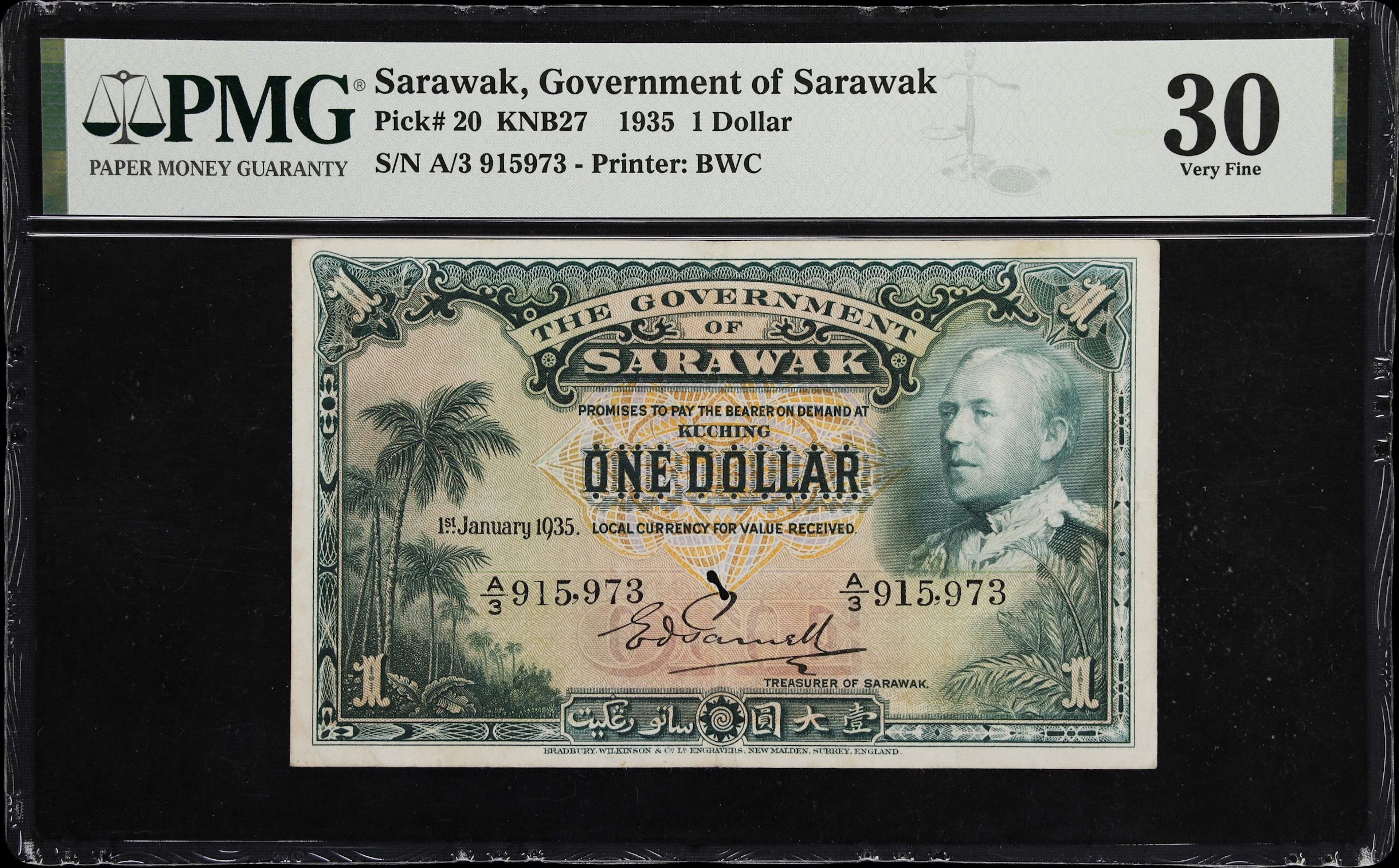 SARAWAK. Government of Sarawak. 1 Dollar, 1.1.1935. P-20. KNB27. PMG