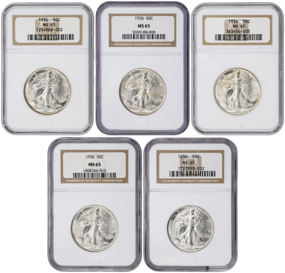 Lot of (5) 1936 Walking Liberty Half Dollars. MS-65 (NGC).