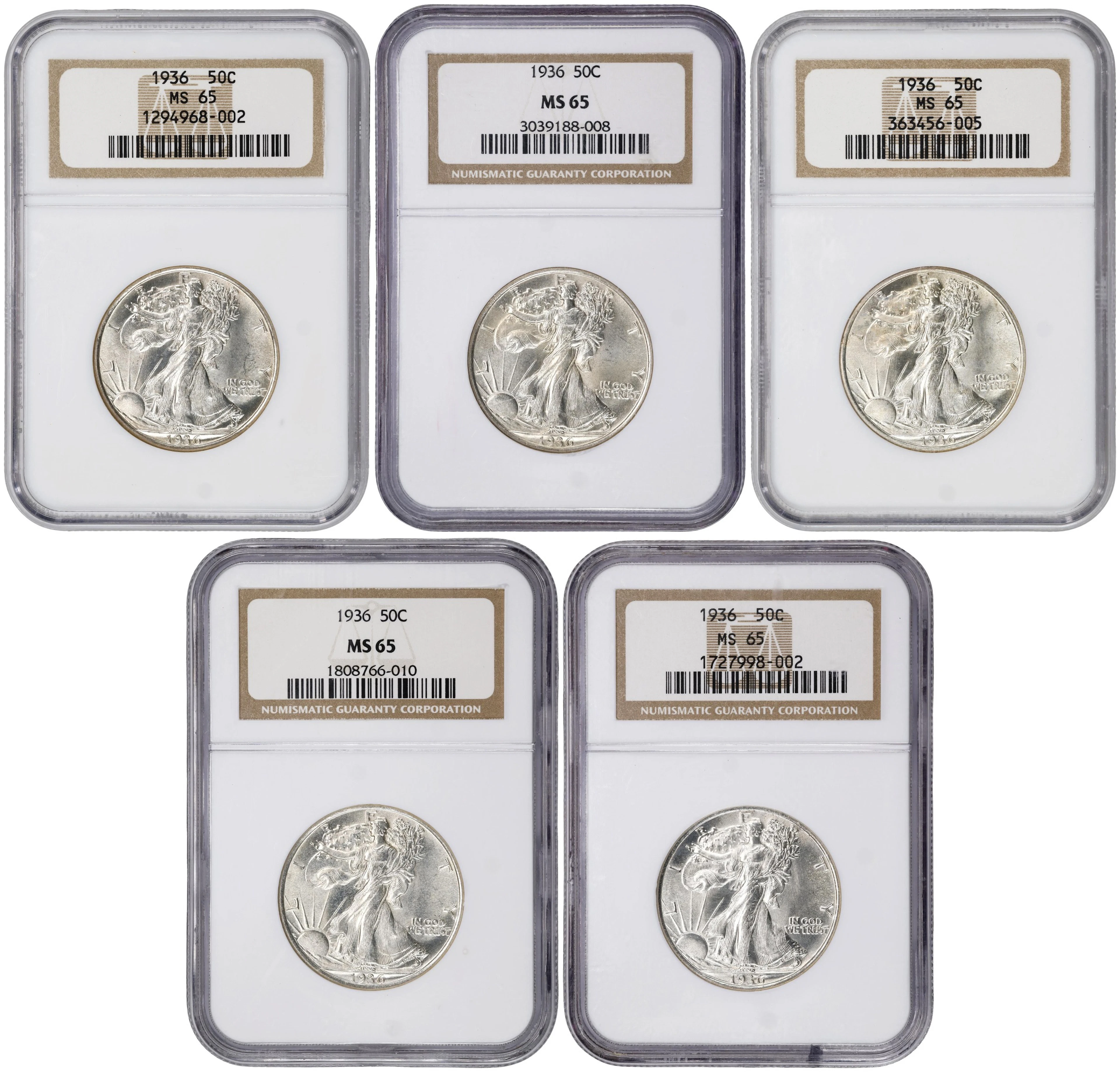 Lot of (5) 1936 Walking Liberty Half Dollars. MS-65 (NGC).
