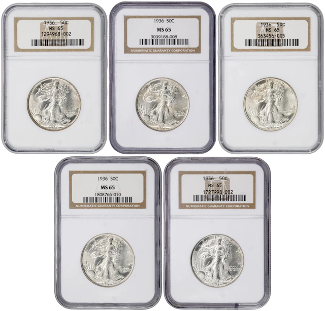 Lot of (5) 1936 Walking Liberty Half Dollars. MS-65 (NGC).