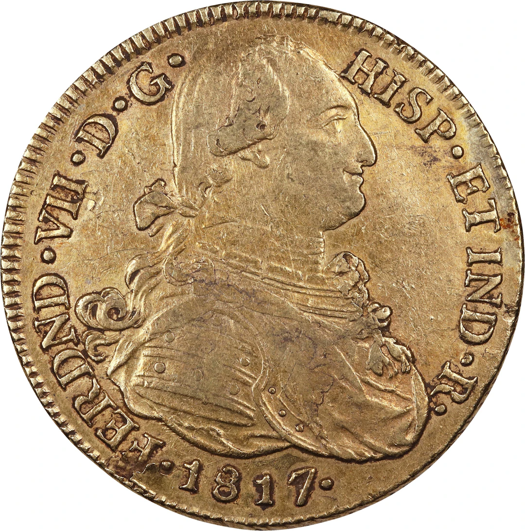 (0.76 oz, 23.639 g AGW). Colombia. 1817 Gold 8 Escudos.