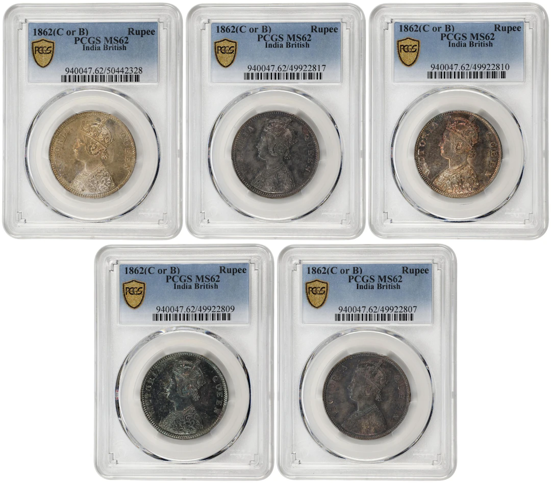 INDIA. Quintet of Rupees (5 Pieces), 1862-(B). Bombay Mint. Victoria.