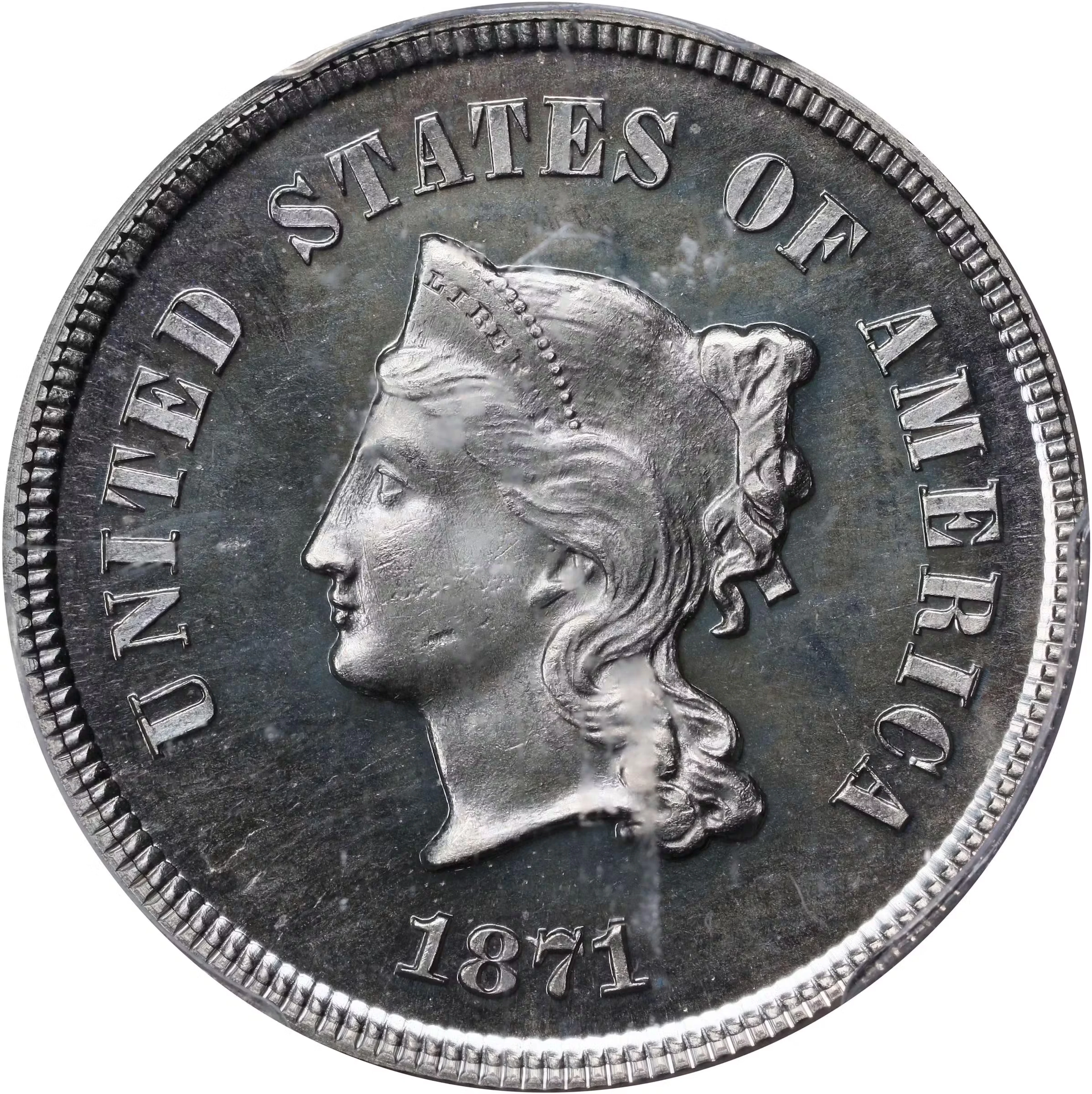 1871 Pattern Five Cents. Judd-1050, Pollock-1184. Rarity-6-. Nickel.