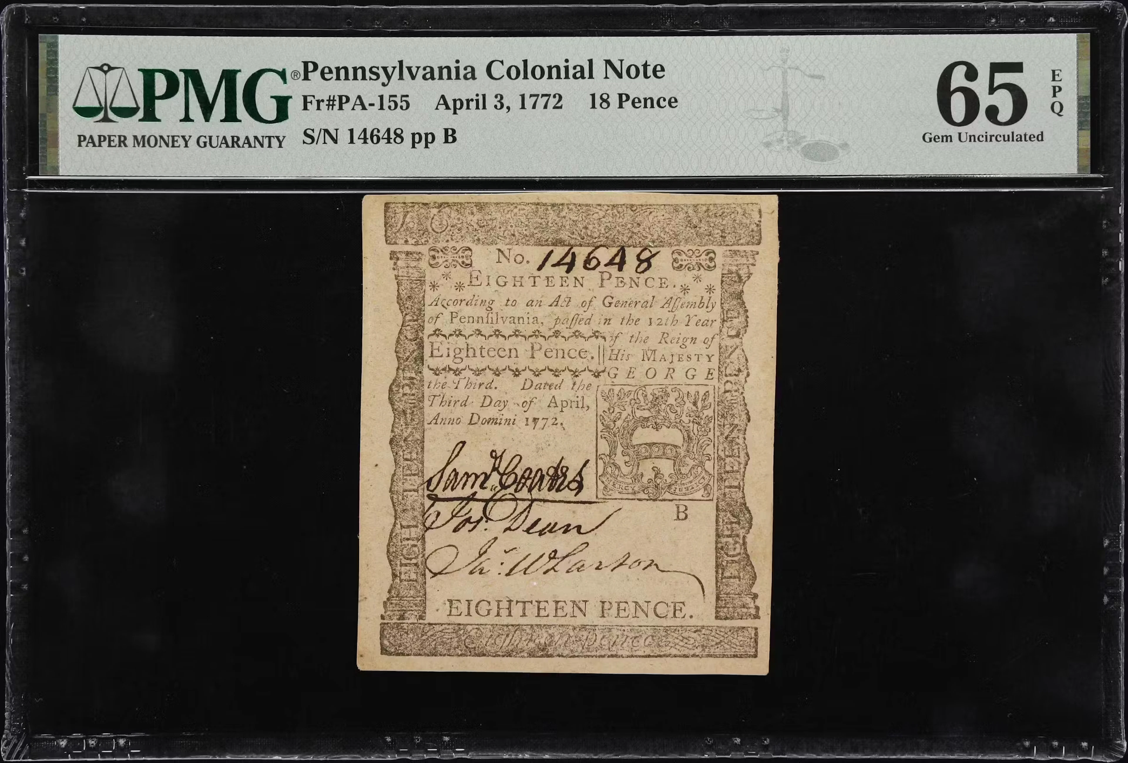 PA-155. Pennsylvania. April 3, 1772. 18 Pence. PMG Gem Uncirculated 65 EPQ.